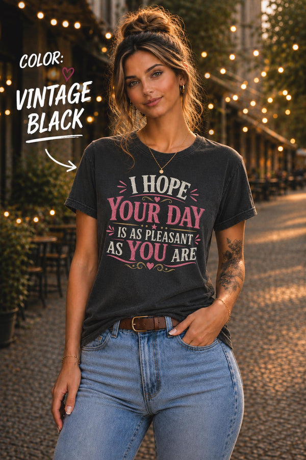 Vintage black Bella+Canvas t-shirt featuring the sarcastic quote "I Hope Your Day Is As Pleasant As You Are" in distressed pink and cream typography on a relaxed unisex fit.
