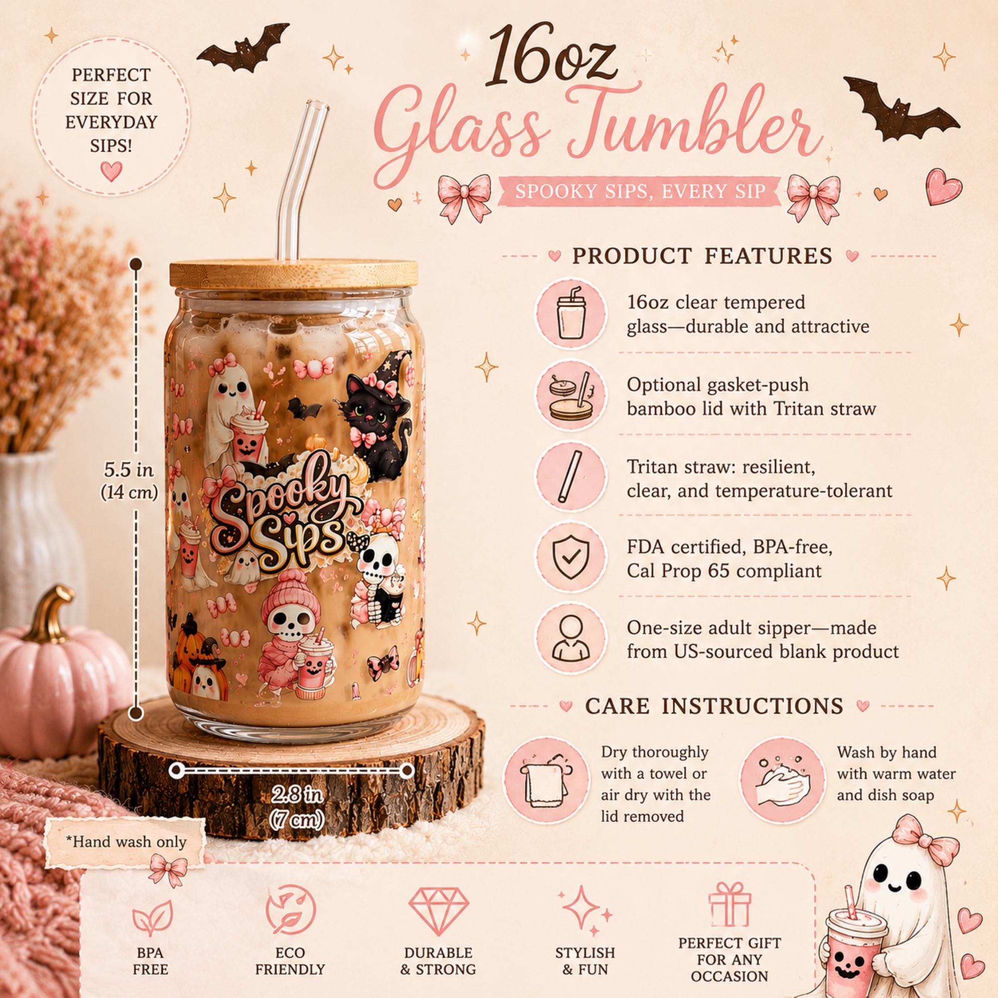 16oz Halloween glass tumbler product details featuring tempered glass, bamboo lid, Tritan straw, BPA free and care instructions.