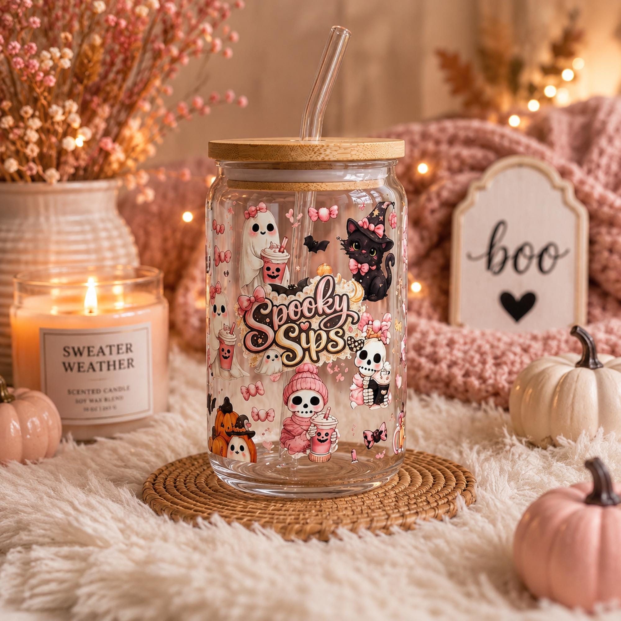 Halloween glass tumbler gift idea with bamboo lid, reusable straw and cute spooky ghost and pumpkin artwork.