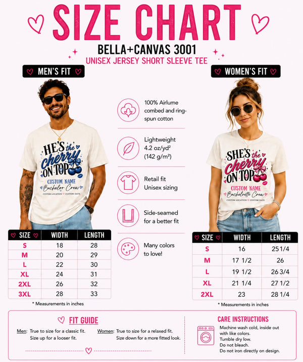 Bella+Canvas 3001 unisex jersey short sleeve T-shirt size chart featuring matching customizable bride and groom wedding party shirts. Includes men's (S to 3XL) and women's (S to 2XL) size measurements, 100% Airlume combed and ring-spun cotton details, lightweight retail fit, care instructions, and fit guide for personalized bachelor and bachelorette party tees with custom name, location, and date.