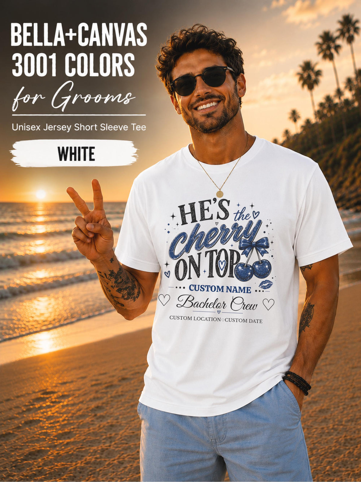 Bella+Canvas 3001 White unisex T-shirt featuring a customizable "He's the Cherry on Top" bachelor crew design with blue cherries, custom name, location, and wedding date for bachelor party celebrations.