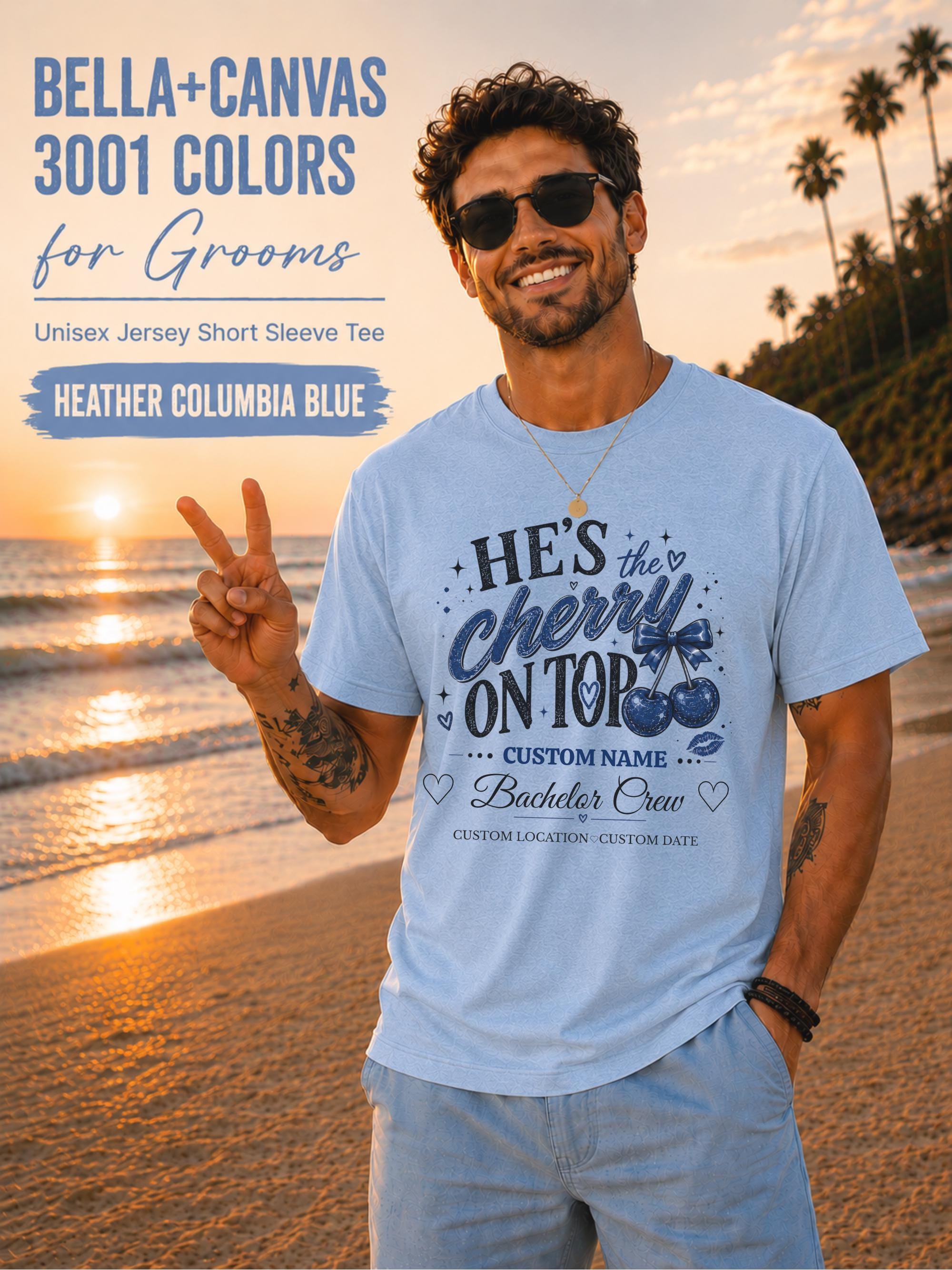Bella+Canvas 3001 Heather Columbia Blue unisex T-shirt featuring a customizable "He's the Cherry on Top" bachelor crew design with blue cherries, custom name, location, and wedding date for bachelor party celebrations.