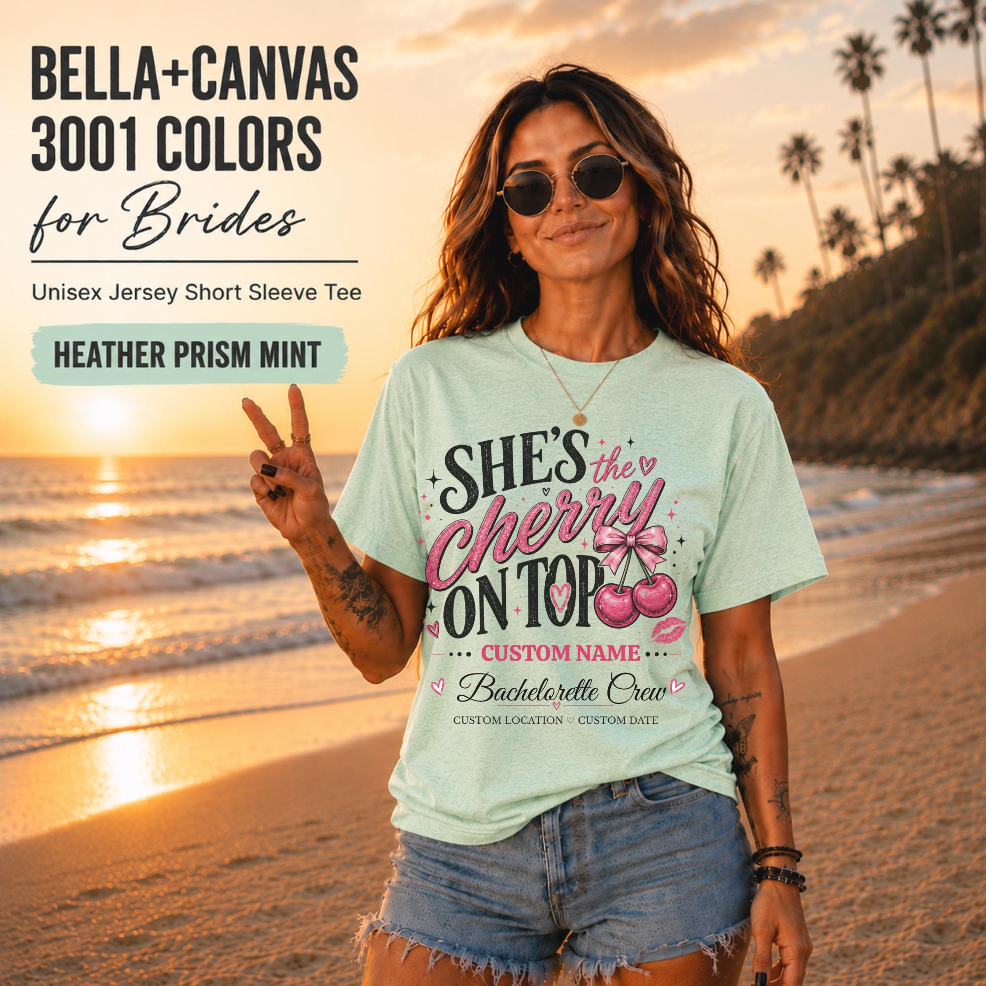 Bella+Canvas 3001 Heather Prism Mint unisex T-shirt featuring a customizable "She's the Cherry on Top" bachelorette crew design with pink cherries, custom name, location, and wedding date for bridal party celebrations.
