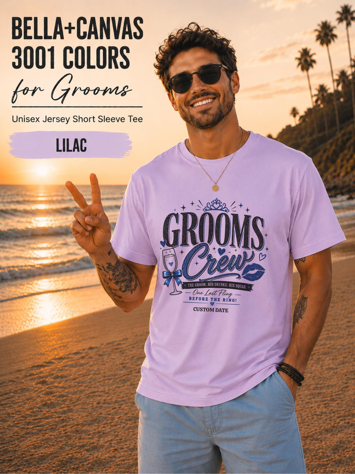Bella+Canvas 3001 Lilac groom crew shirt featuring a blue wedding party design with champagne glass, crown, kiss mark, and customizable wedding date for bachelor party celebrations.
