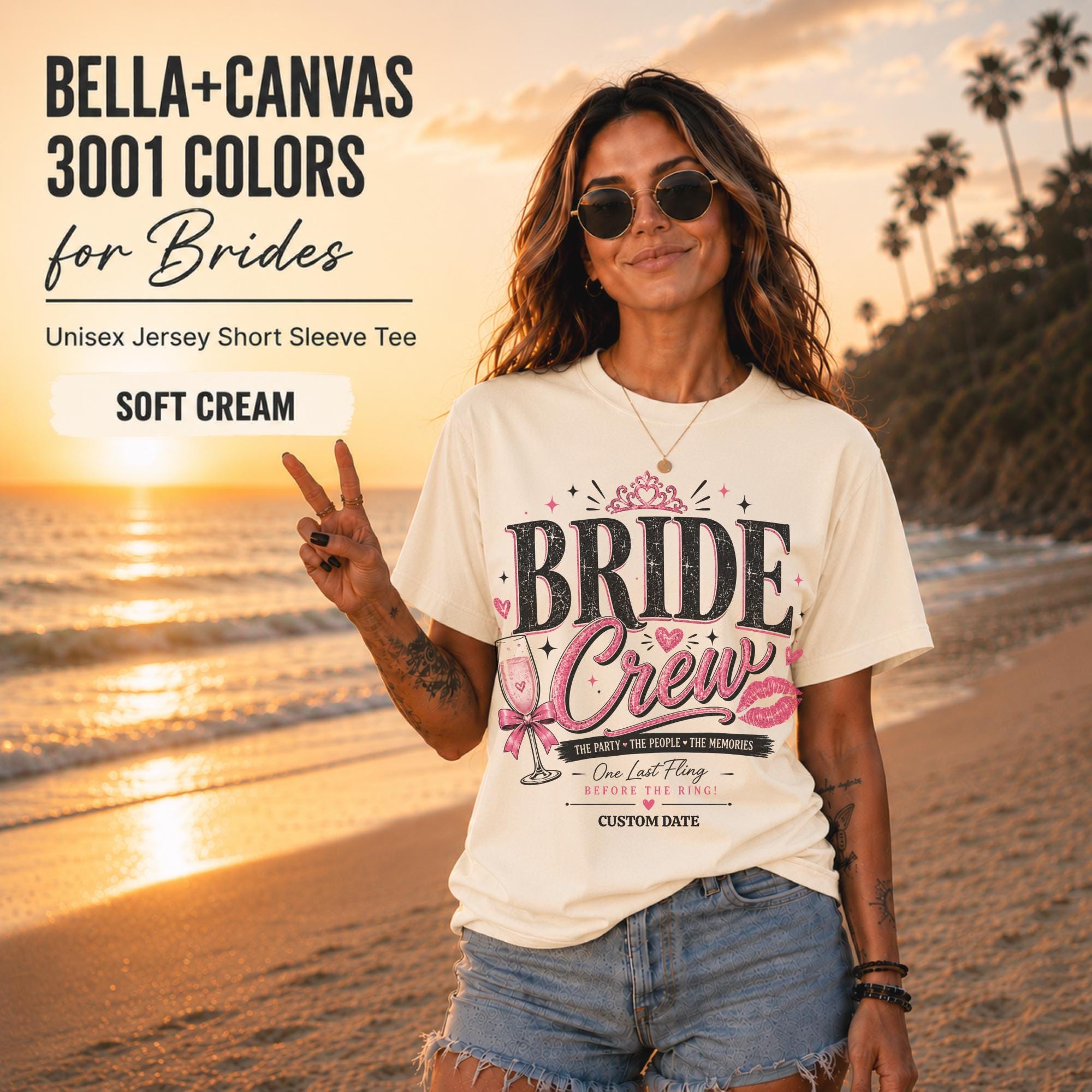 Bride Crew Bella+Canvas 3001 unisex T-shirt in Soft Cream featuring a vintage pink bridal party design with champagne glass, tiara, hearts, and customizable wedding date. Female model wearing the bachelorette party shirt on a beach at sunset, perfect for bridal showers, bachelorette weekends, and wedding celebrations.