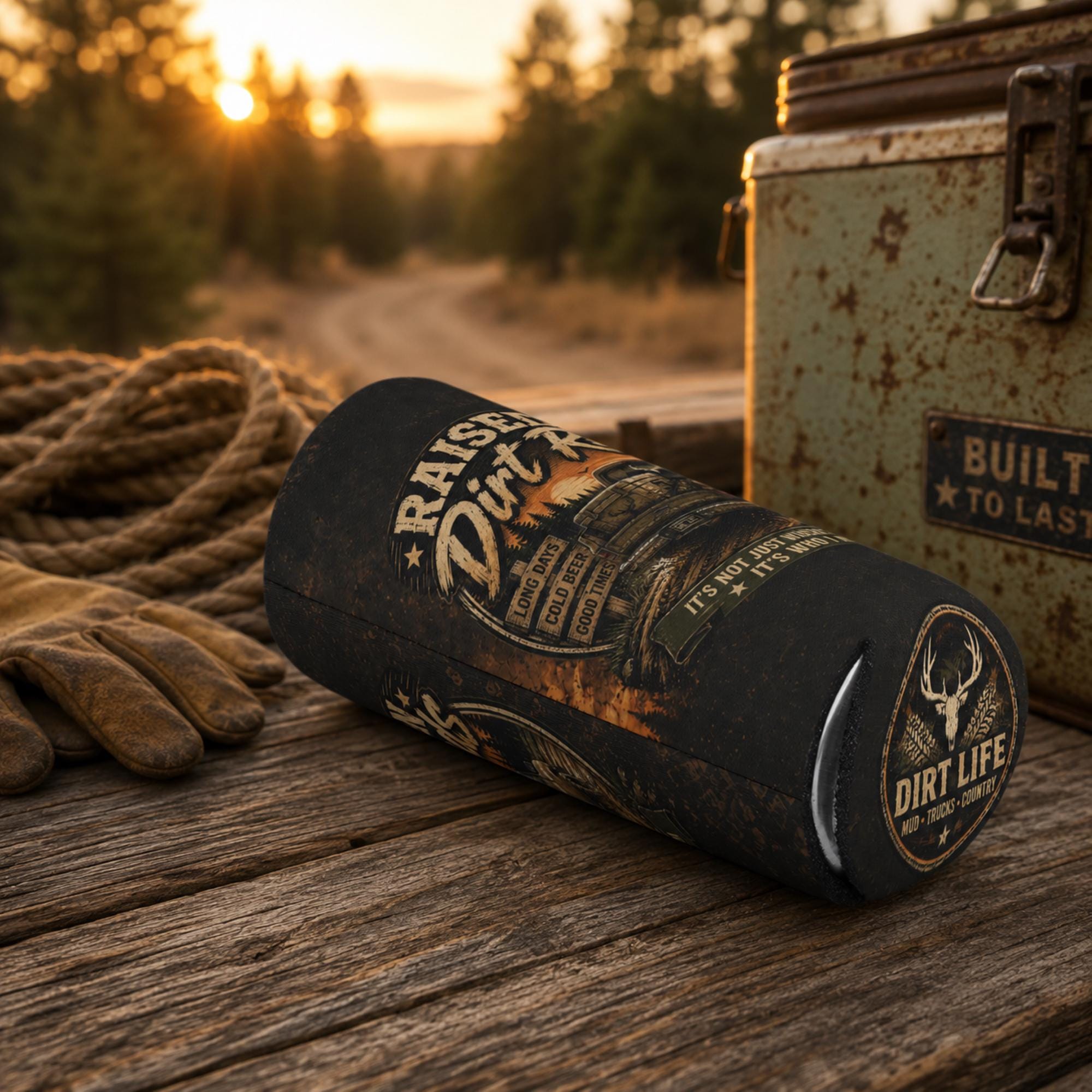 Slim can cooler featuring the "Raised on Dirt Roads" vintage pickup truck design on a rustic tailgate with an old cooler and country sunset backdrop, perfect for beer lovers, camping, and country living.