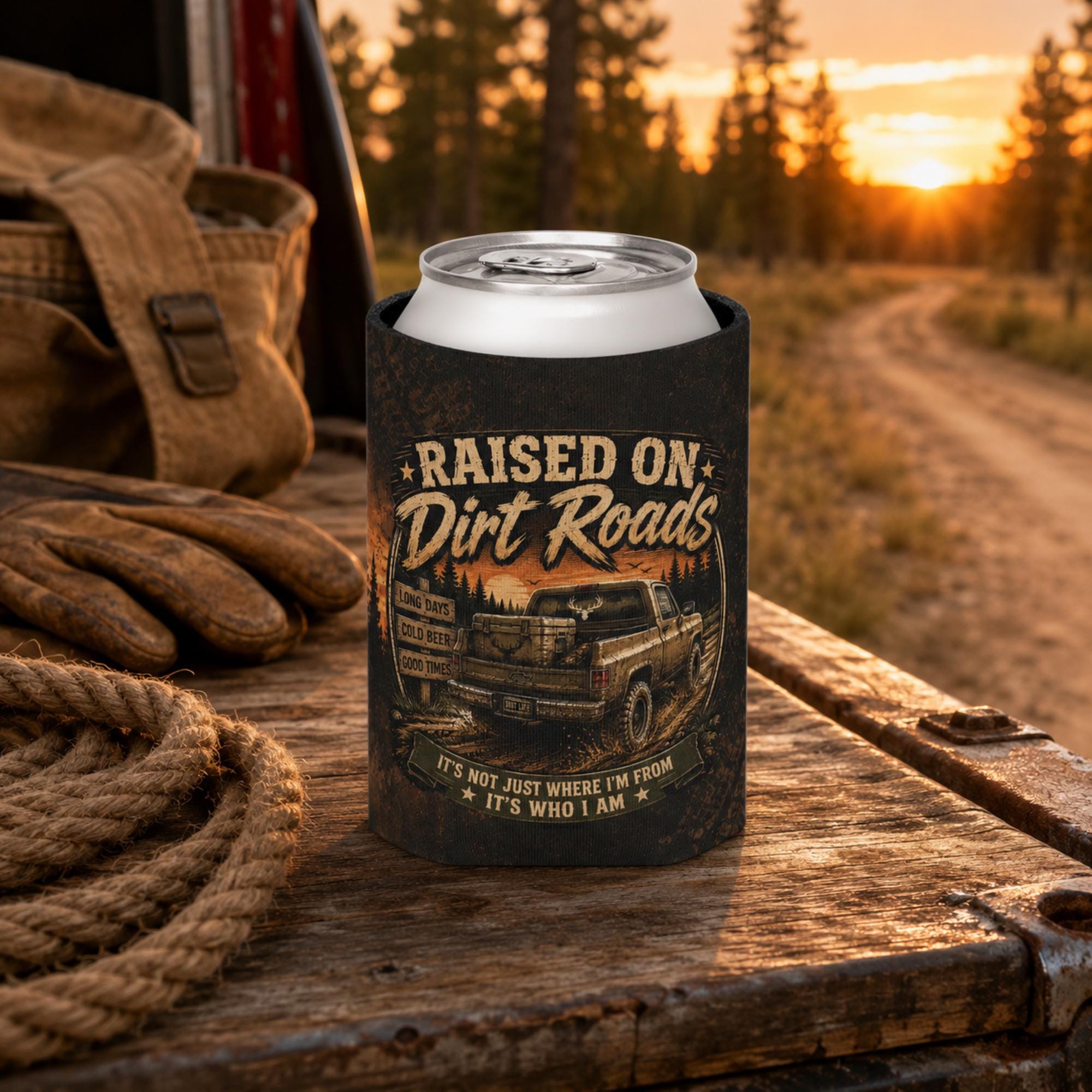 Regular can cooler with "Raised on Dirt Roads" vintage truck design displayed on a rustic wooden tailgate beside work gloves and rope at sunset, ideal for country, camping, and outdoor enthusiasts.
