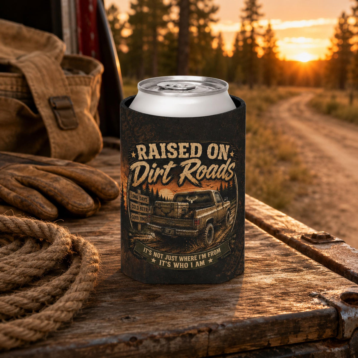 Regular can cooler with "Raised on Dirt Roads" vintage truck design displayed on a rustic wooden tailgate beside work gloves and rope at sunset, ideal for country, camping, and outdoor enthusiasts.