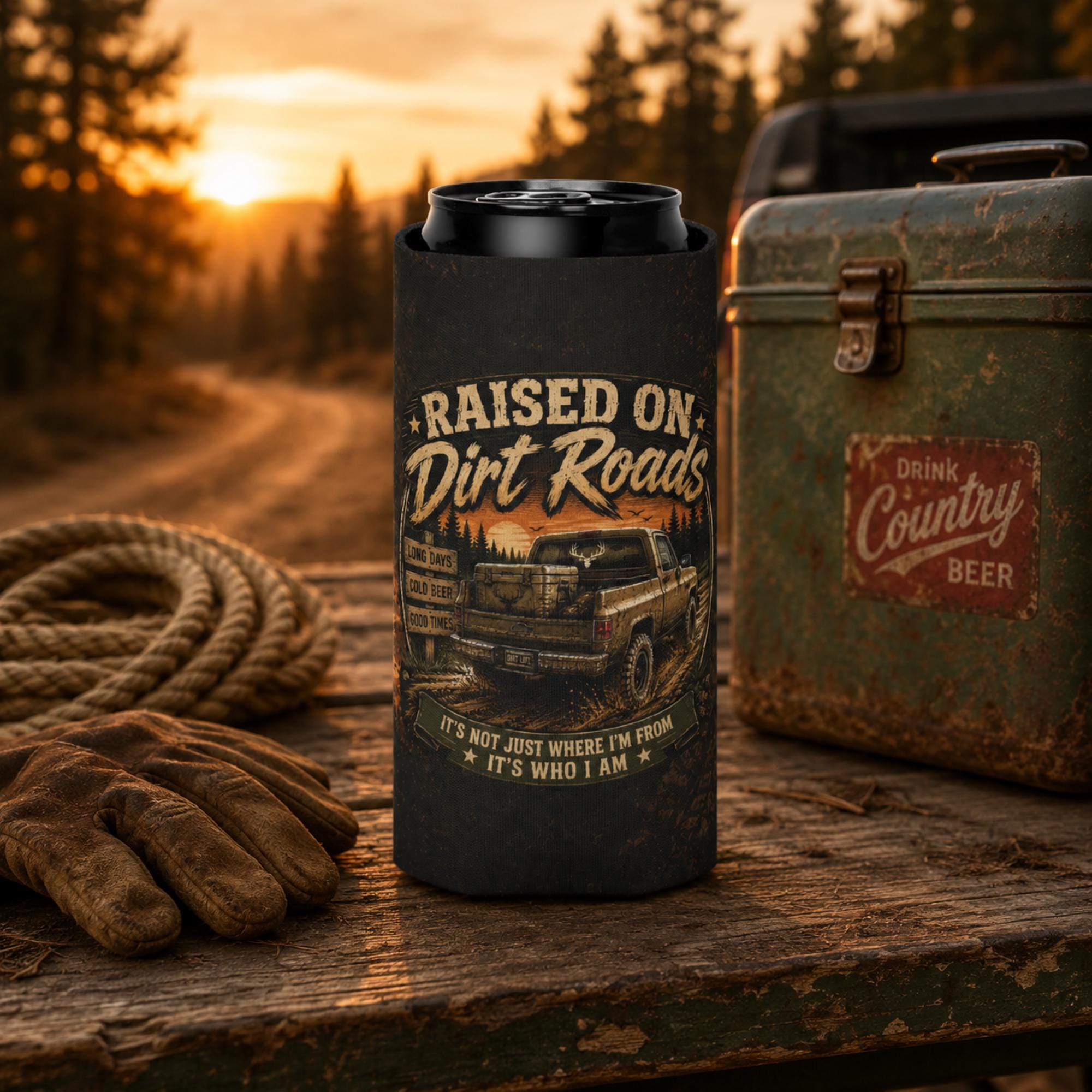 Slim can cooler featuring the "Raised on Dirt Roads" vintage pickup truck design on a rustic tailgate with an old cooler and country sunset backdrop, perfect for beer lovers, camping, and country living.