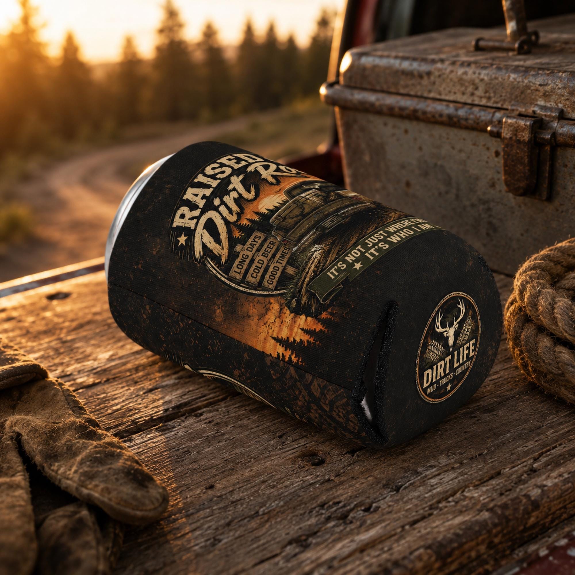 Regular can cooler with "Raised on Dirt Roads" vintage truck design displayed on a rustic wooden tailgate beside work gloves and rope at sunset, ideal for country, camping, and outdoor enthusiasts.