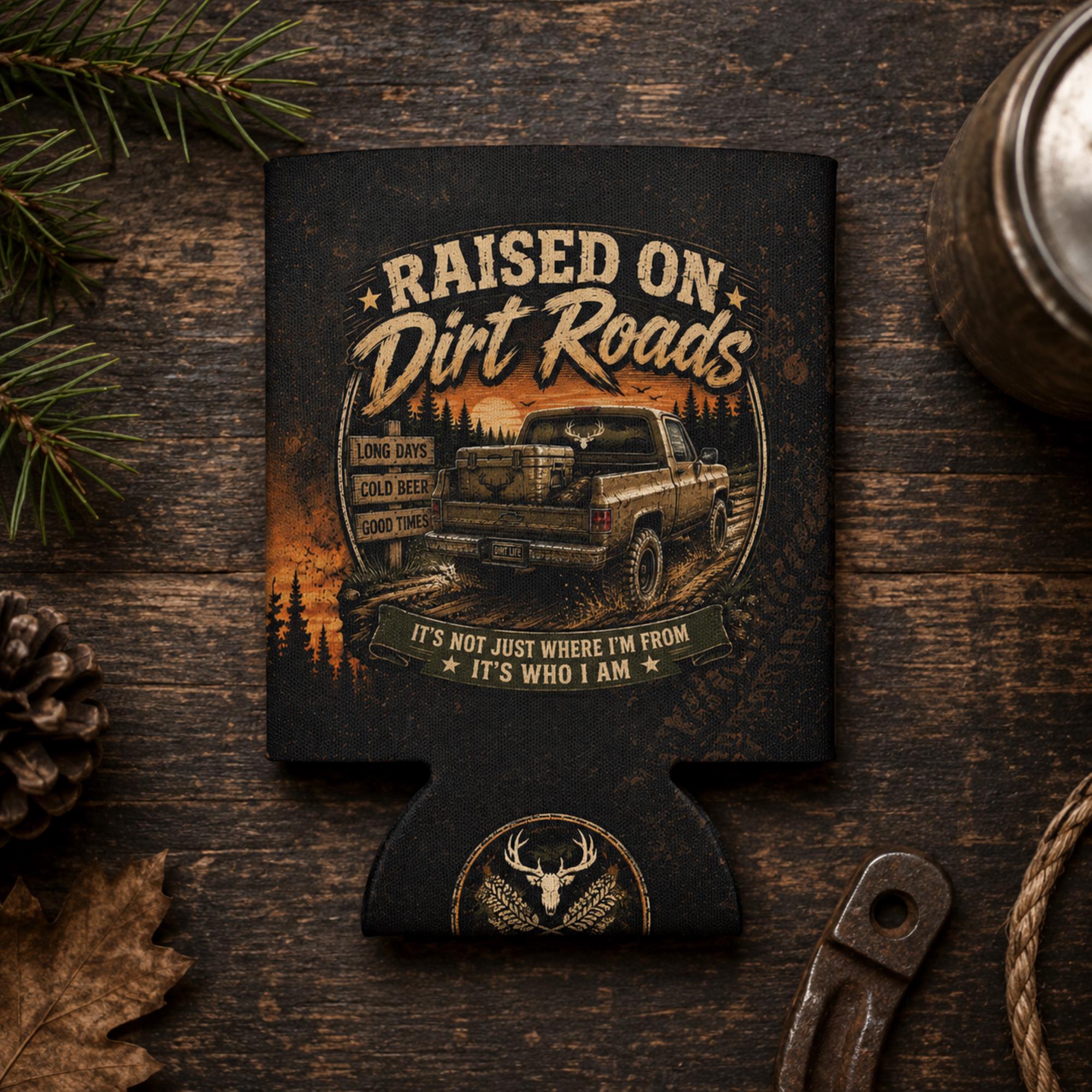 Regular can cooler with "Raised on Dirt Roads" vintage truck design displayed on a rustic wooden tailgate beside work gloves and rope at sunset, ideal for country, camping, and outdoor enthusiasts.