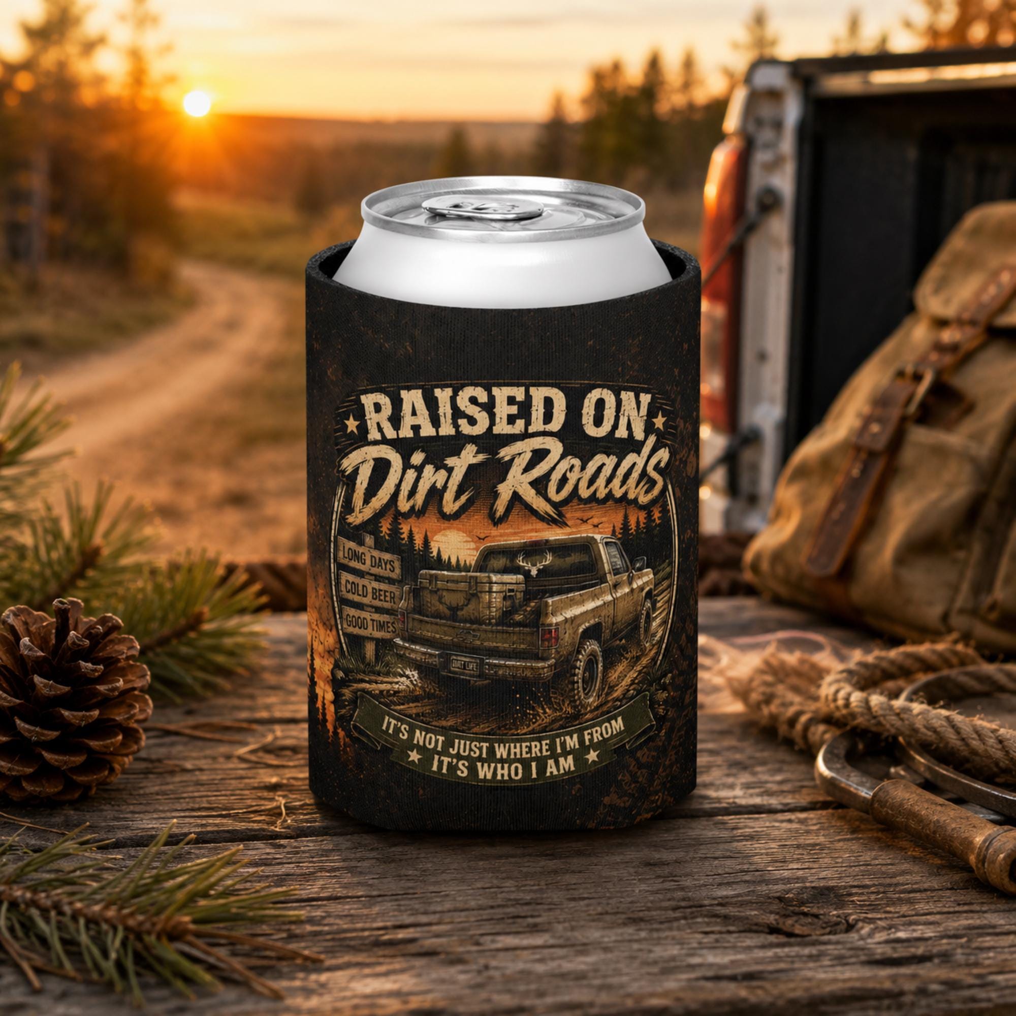 Regular can cooler with "Raised on Dirt Roads" vintage truck design displayed on a rustic wooden tailgate beside work gloves and rope at sunset, ideal for country, camping, and outdoor enthusiasts.