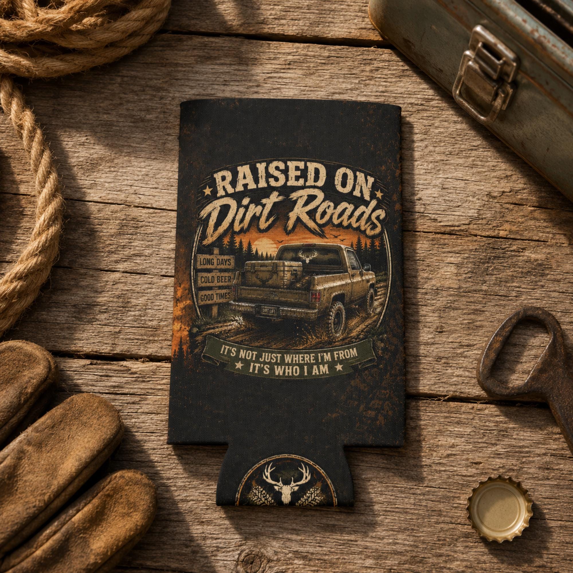 Slim can cooler featuring the "Raised on Dirt Roads" vintage pickup truck design on a rustic tailgate with an old cooler and country sunset backdrop, perfect for beer lovers, camping, and country living.