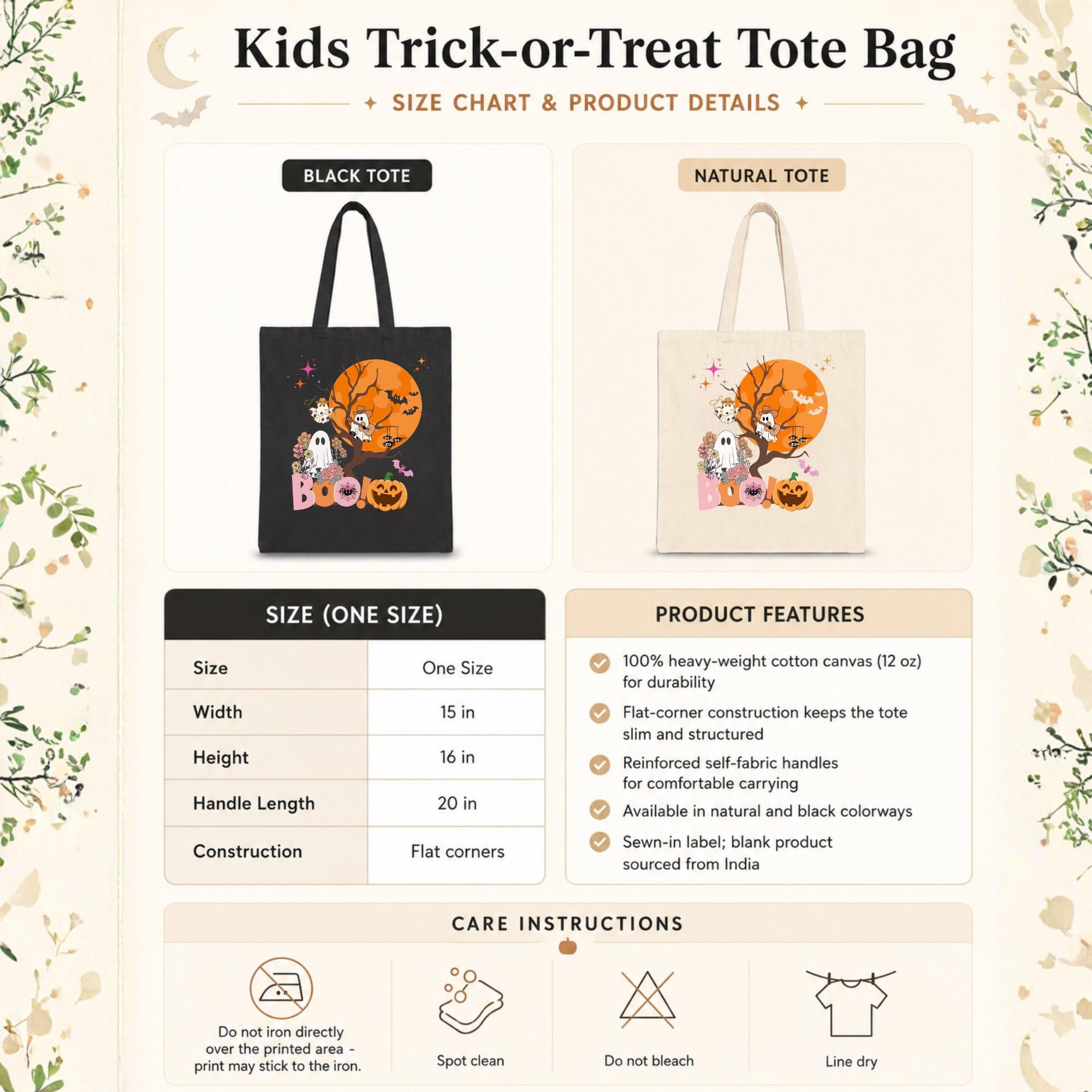 Size chart: Black & tan tote bag with a Halloween design featuring a ghost, a pumpkin, and bats in front of a full moon. The text "BOO!" is printed on the bag.
