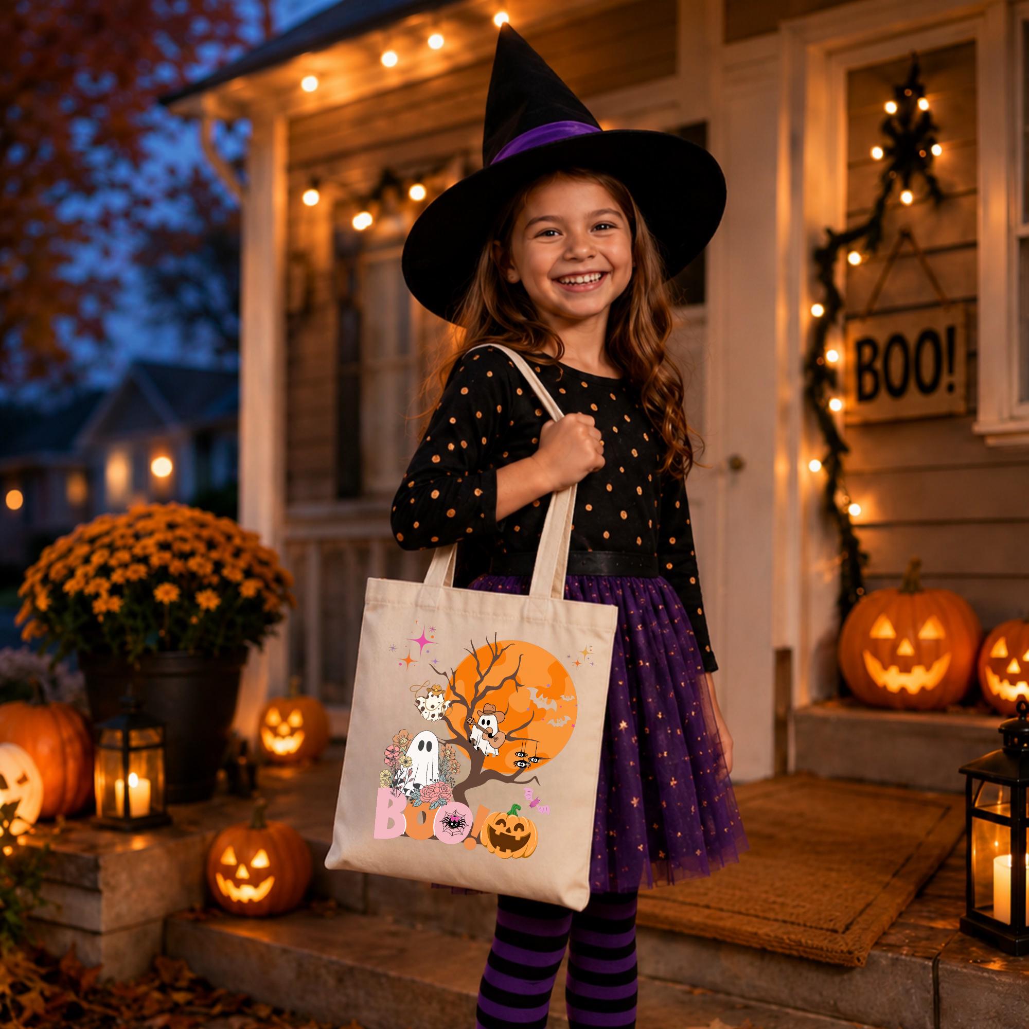 Tan tote bag with a Halloween design featuring a ghost, a pumpkin, and bats in front of a full moon. The text "BOO!" is printed on the bag.