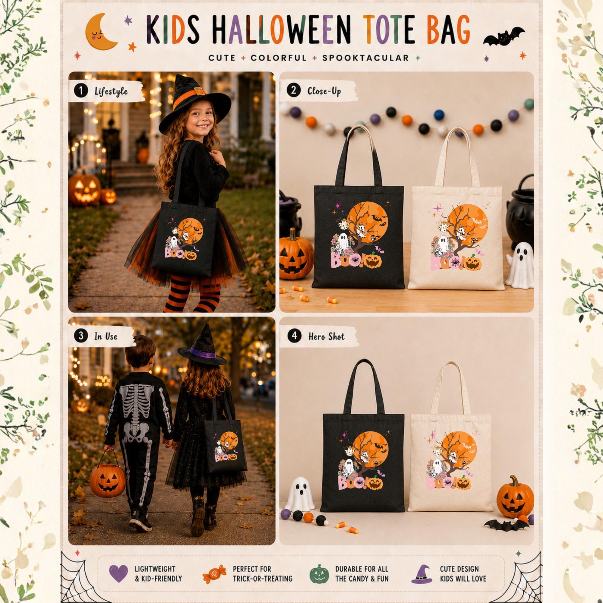 Black & Tan tote bag with a Halloween design featuring a ghost, a pumpkin, and bats in front of a full moon. The text "BOO!" is printed on the bag.