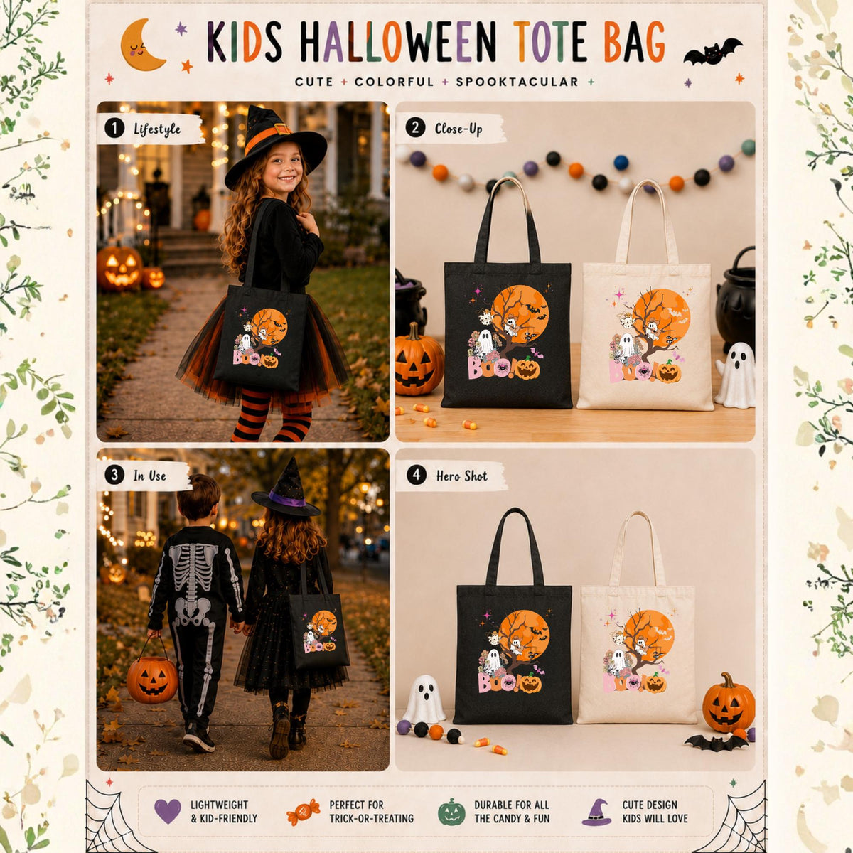 Black & Tan tote bag with a Halloween design featuring a ghost, a pumpkin, and bats in front of a full moon. The text "BOO!" is printed on the bag.