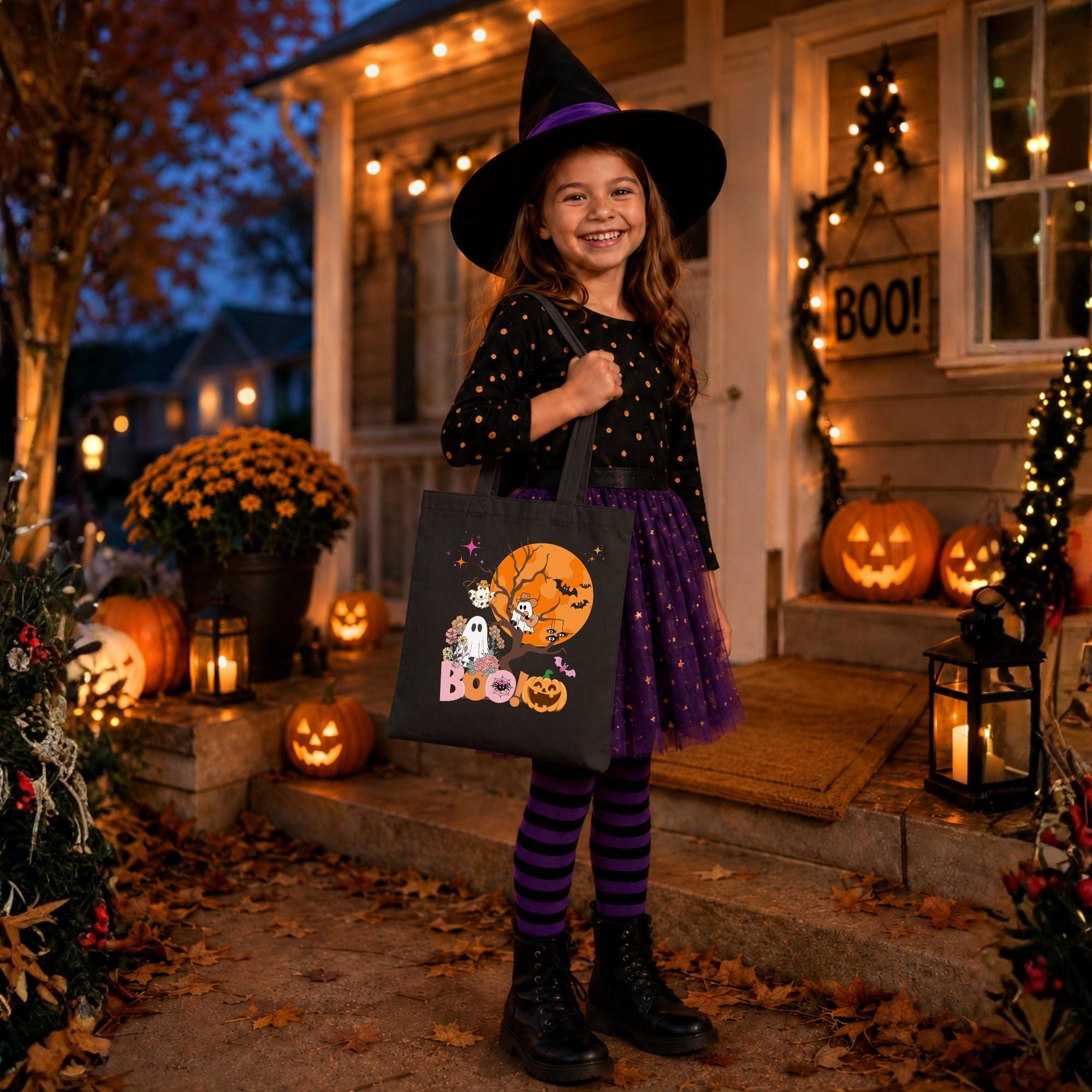 May include: Black tote bag with a Halloween design featuring a ghost, a pumpkin, and bats in front of a full moon. The text "BOO!" is printed on the bag.