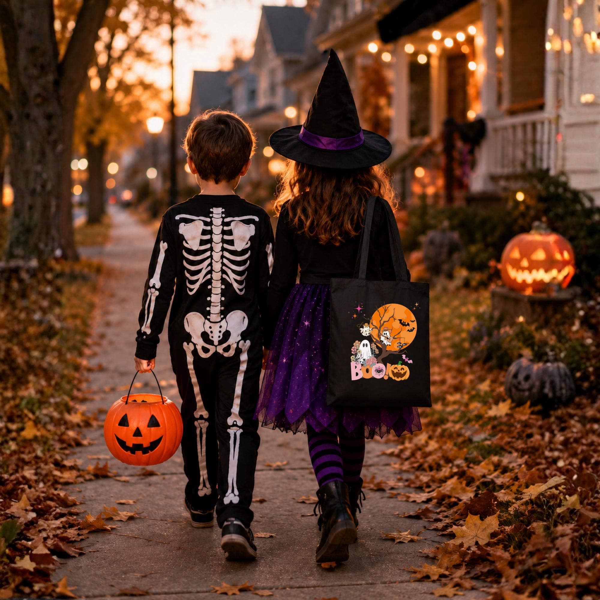 May include: Black tote bag with a Halloween design featuring a ghost, a pumpkin, and bats in front of a full moon. The text "BOO!" is printed on the bag.