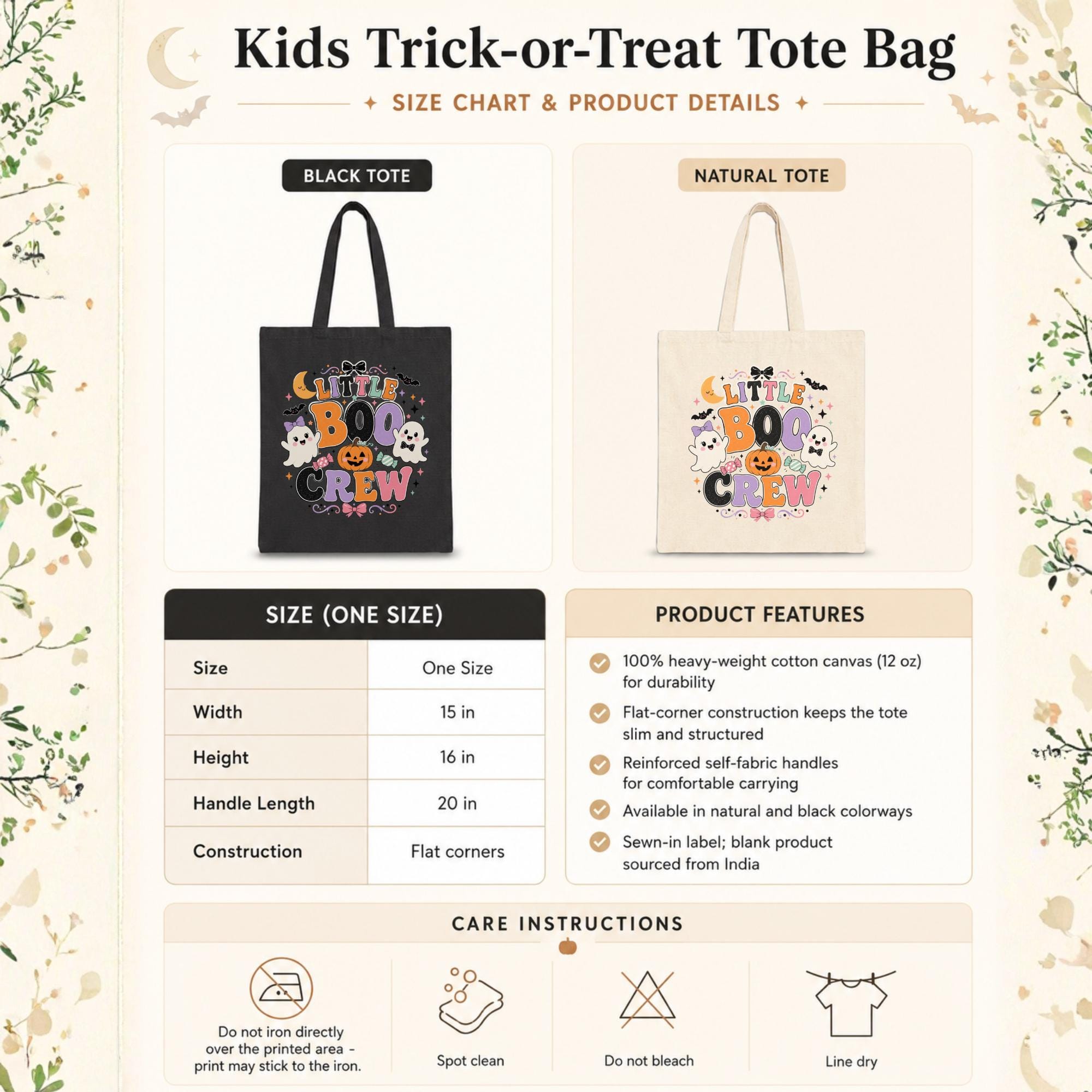 Size chart for a Kids Halloween tote bag mockup featuring Little Boo Crew design in black and natural canvas carried by children trick-or-treating