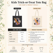 Size chart for a Kids Halloween tote bag mockup featuring Little Boo Crew design in black and natural canvas carried by children trick-or-treating