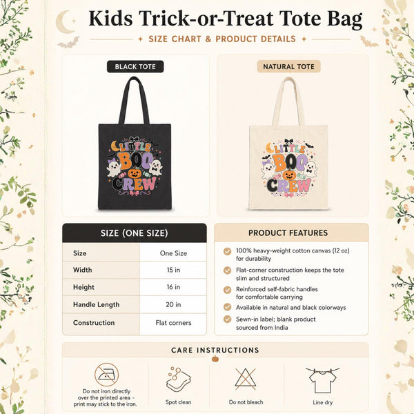 Size chart for a Kids Halloween tote bag mockup featuring Little Boo Crew design in black and natural canvas carried by children trick-or-treating