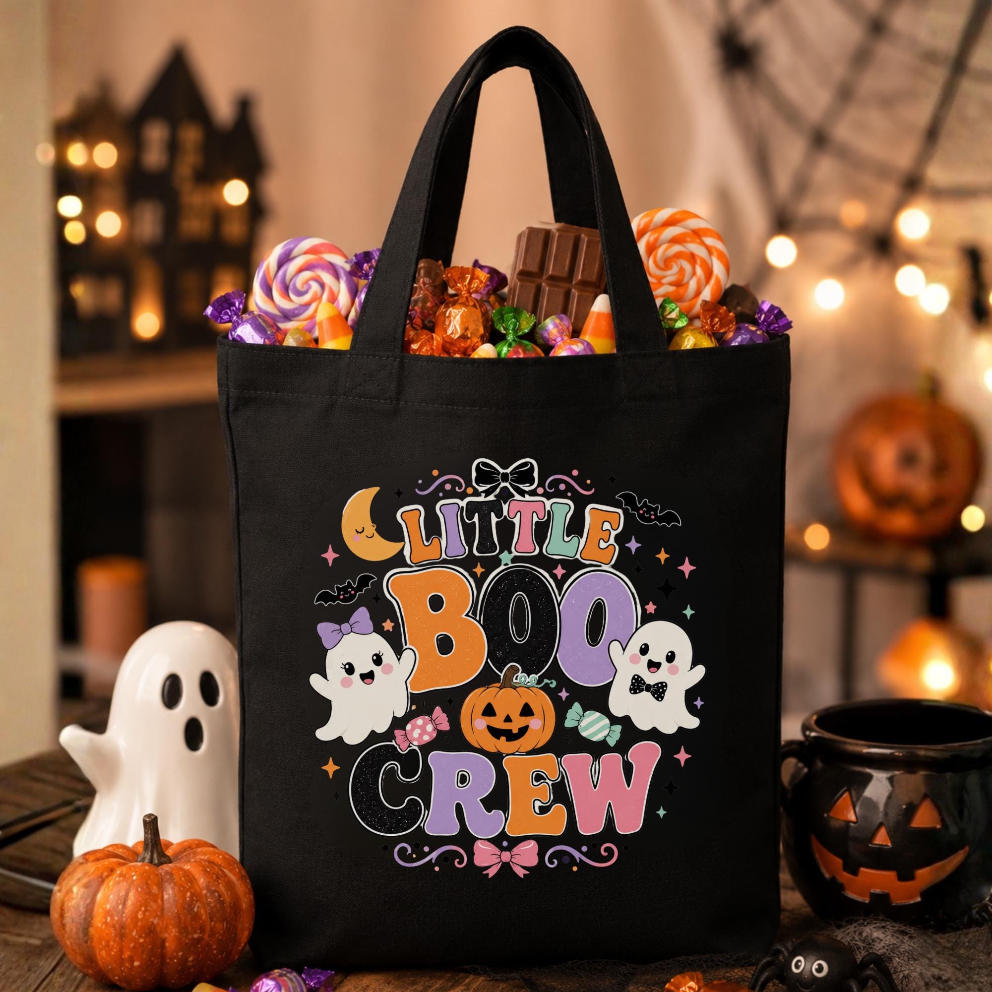 Halloween trick-or-treat tote bag lifestyle mockup showing black and natural cotton canvas bags for kids