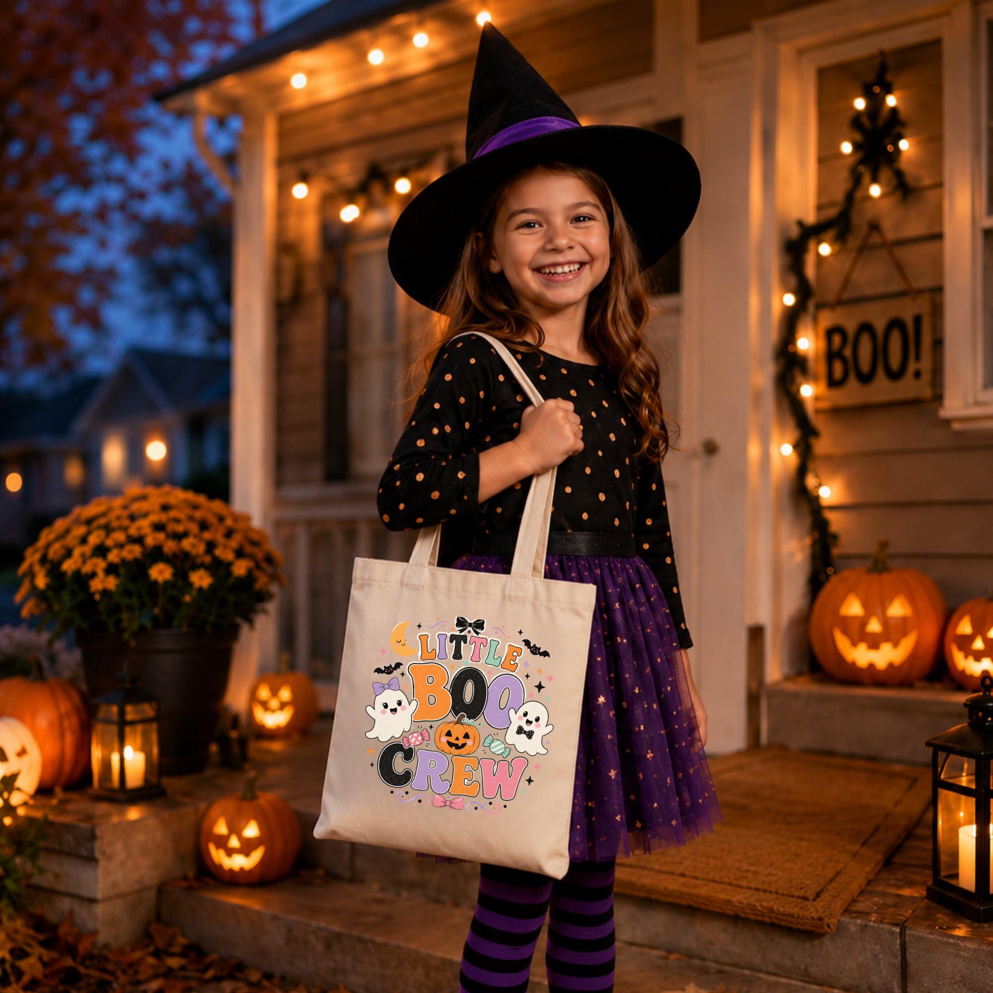 Reusable kids Halloween candy bag with Little Boo Crew ghost design perfect for trick-or-treating and Halloween parties