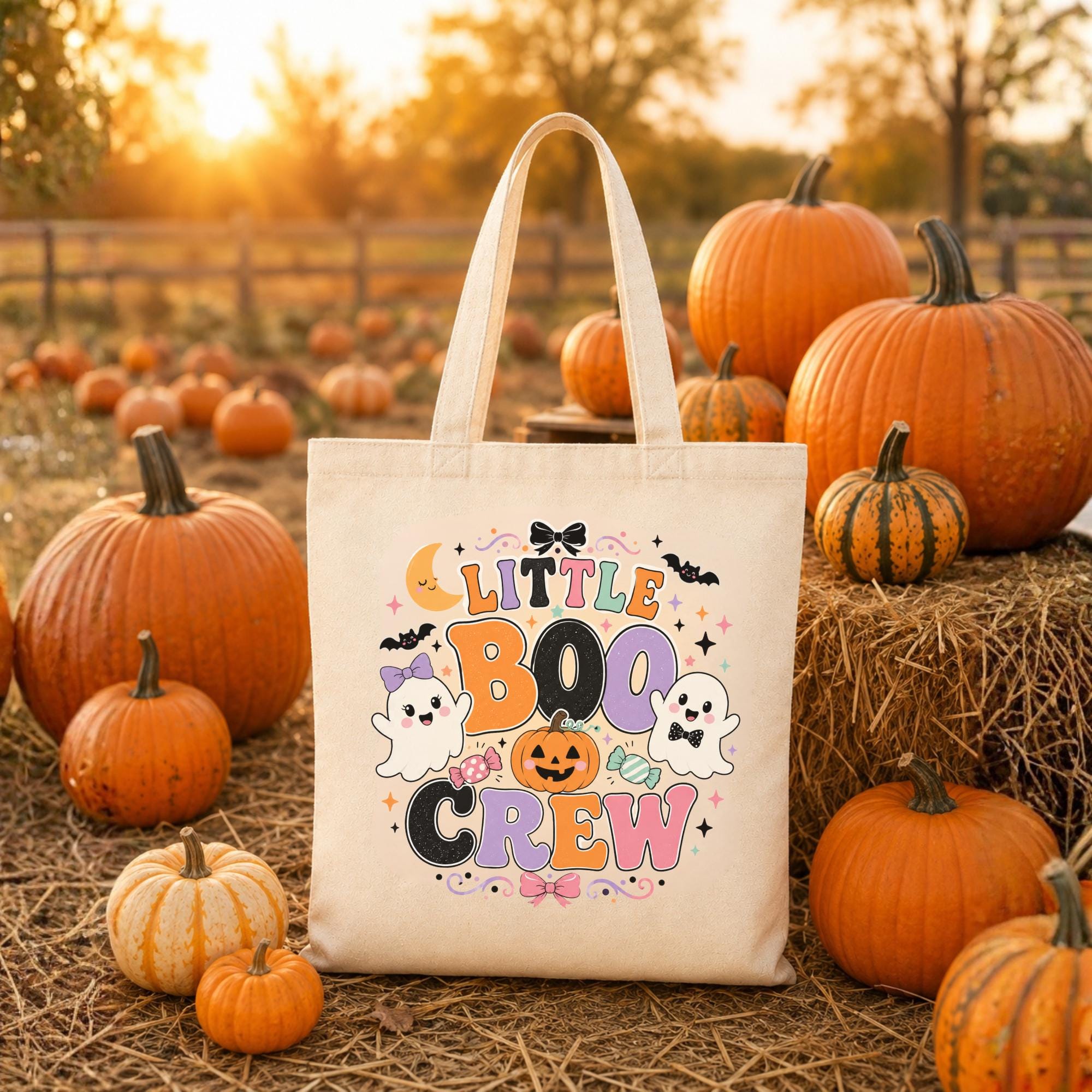 Halloween canvas candy bag mockup with cute ghost, pumpkin, candy, moon, and bat illustration for boys and girls