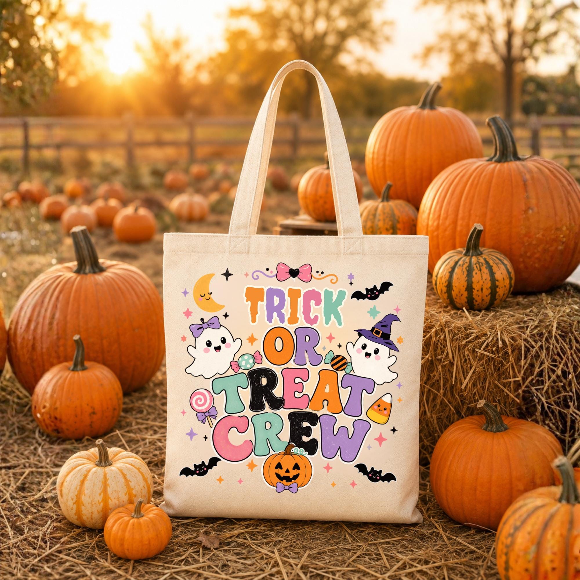 Kids Halloween Trick or Treat tote bag size chart featuring black and natural heavyweight cotton canvas tote bags with colorful ghost, pumpkin, bat, and candy design, product dimensions, features, and care instructions.