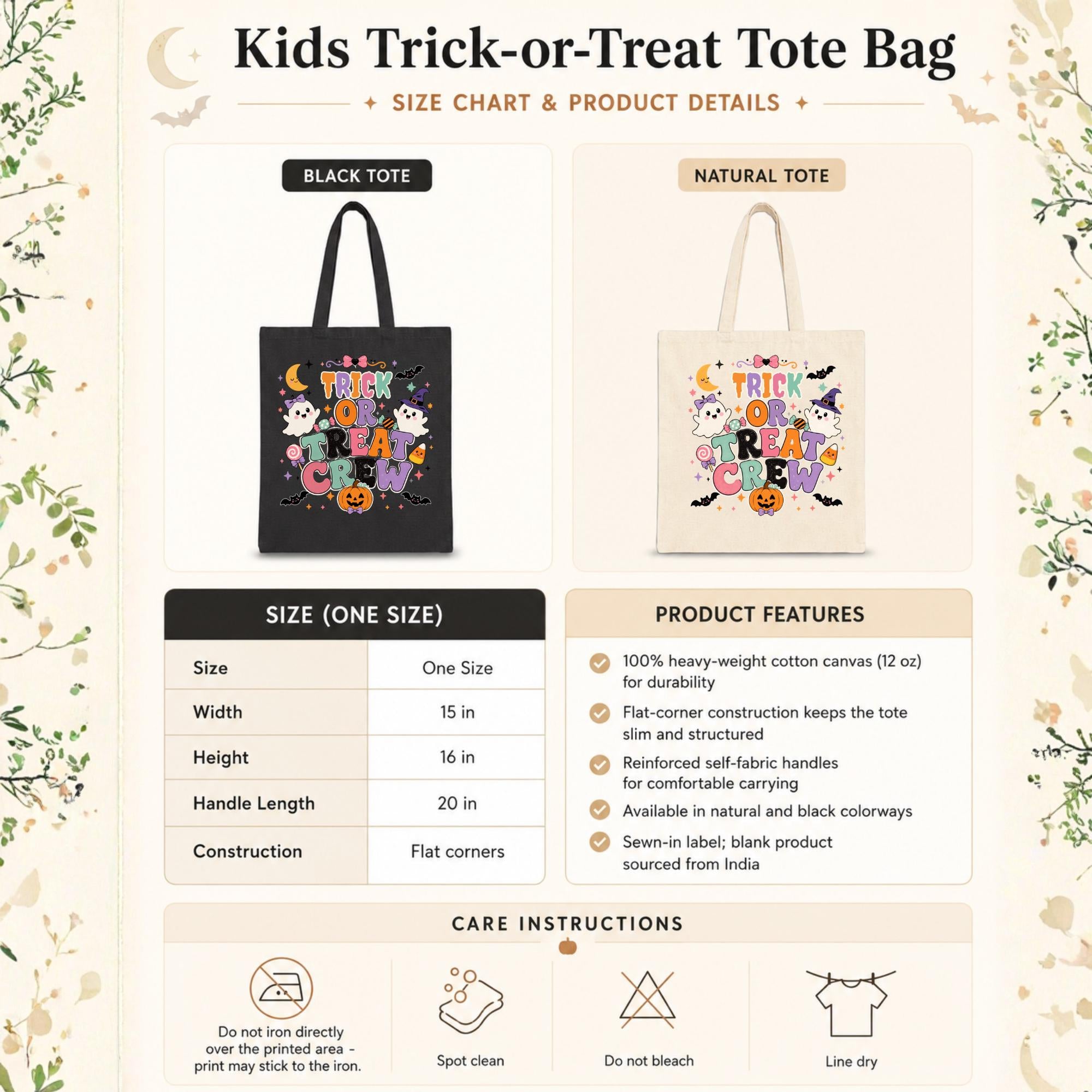 Halloween canvas tote bag size chart showing 15-inch width, 16-inch height, 20-inch handle length, heavyweight cotton construction, product features, and care instructions.