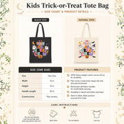 Halloween canvas tote bag size chart showing 15-inch width, 16-inch height, 20-inch handle length, heavyweight cotton construction, product features, and care instructions.