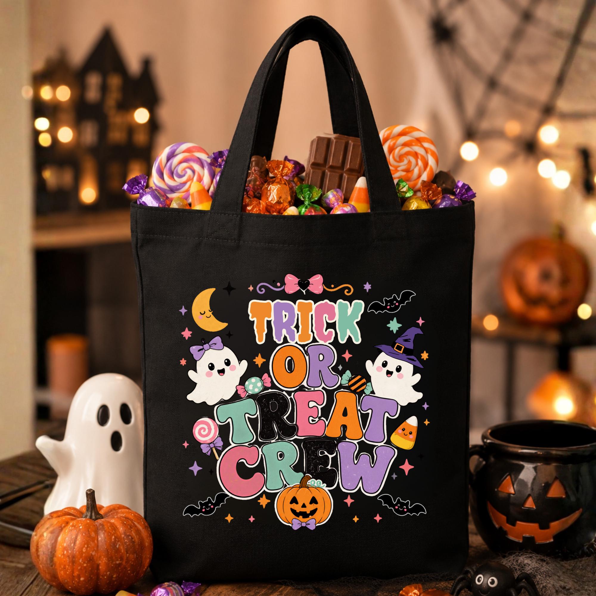 Black and natural canvas Halloween tote bags featuring the colorful "Trick or Treat Crew" design with cute ghosts, pumpkins, candy, bats, and stars for kids' trick-or-treating.
