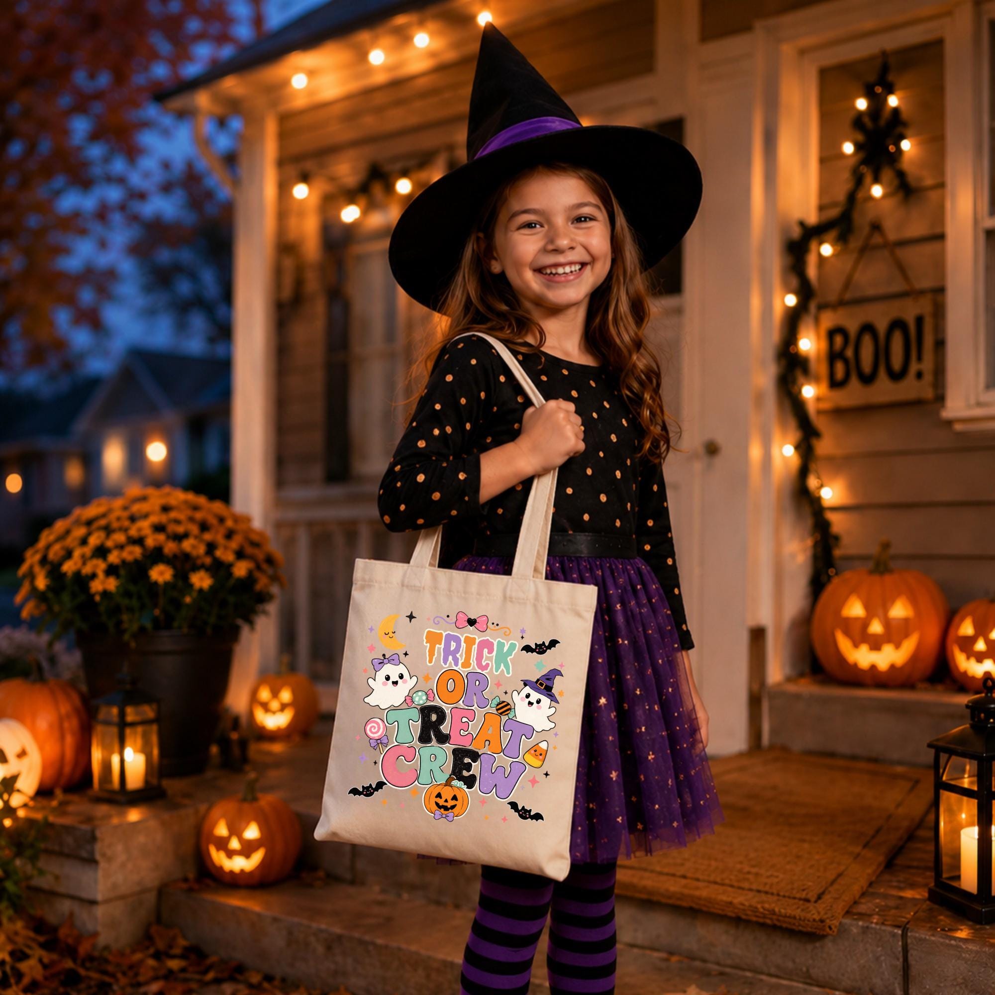 Black and natural canvas Halloween tote bags featuring the colorful "Trick or Treat Crew" design with cute ghosts, pumpkins, candy, bats, and stars for kids' trick-or-treating.