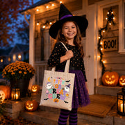Black and natural canvas Halloween tote bags featuring the colorful "Trick or Treat Crew" design with cute ghosts, pumpkins, candy, bats, and stars for kids' trick-or-treating.
