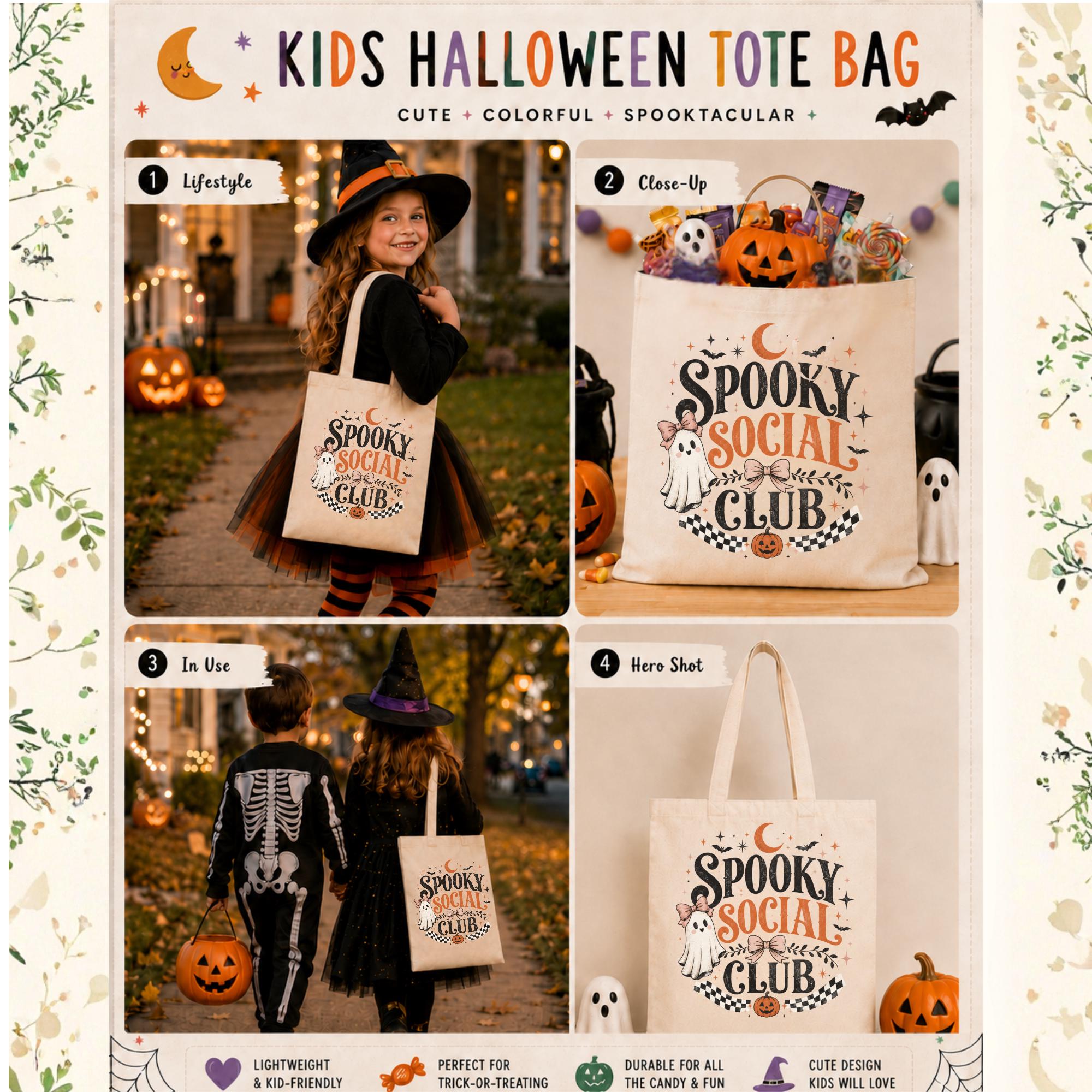 Natural canvas tote bag featuring a vintage Spooky Social Club design with a cute ghost, bows, bats, moon, pumpkin, and retro Halloween typography, perfect for everyday fall use and Halloween shopping.
