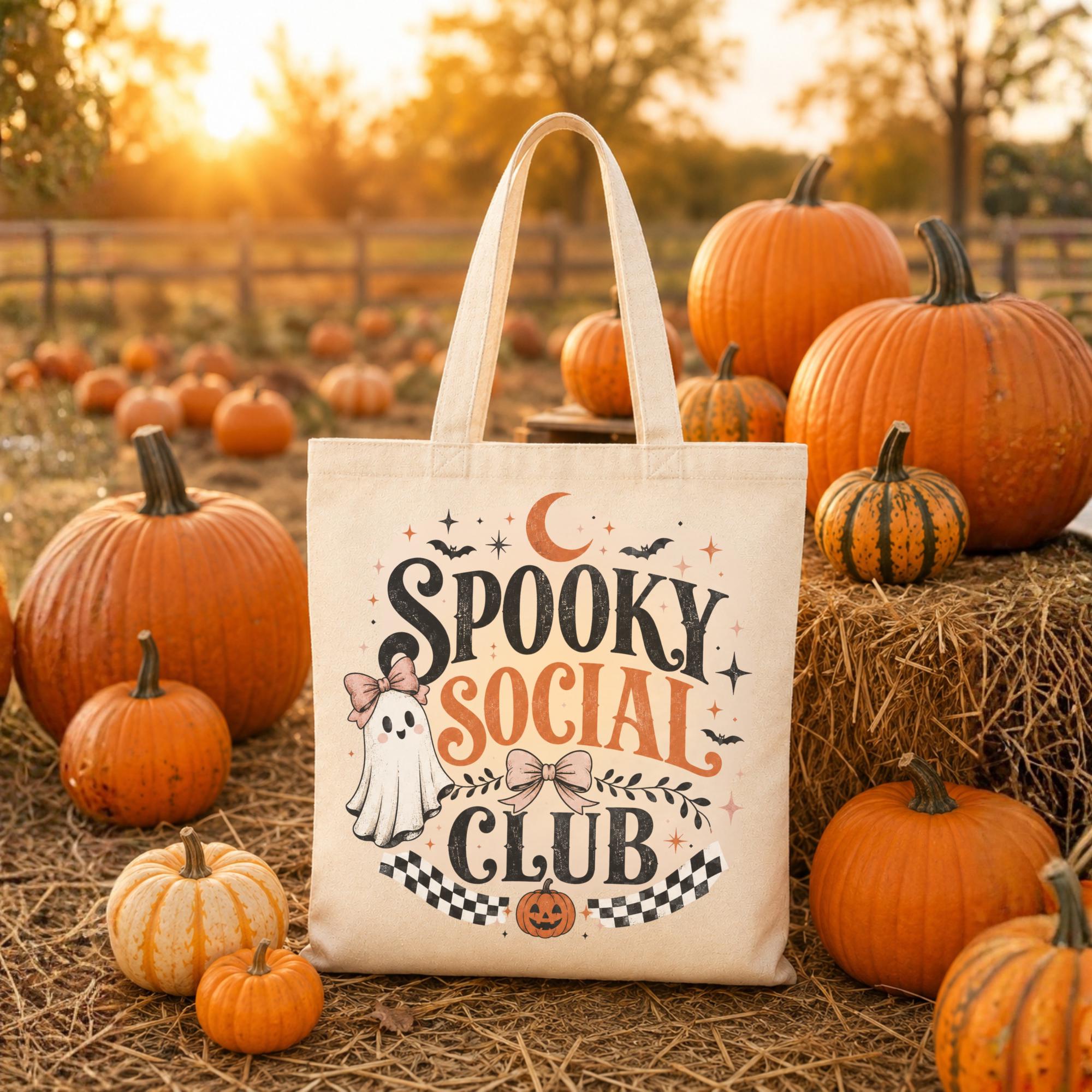 Natural canvas tote bag featuring a vintage Spooky Social Club design with a cute ghost, bows, bats, moon, pumpkin, and retro Halloween typography, perfect for everyday fall use and Halloween shopping.