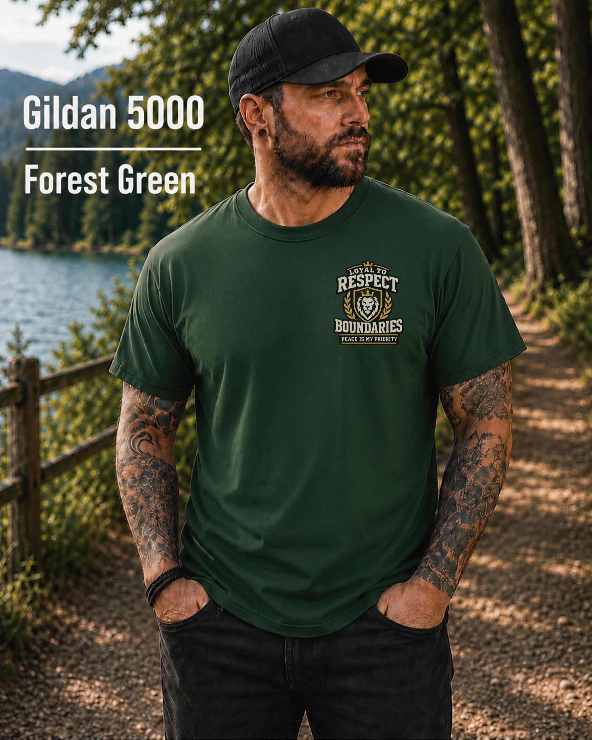 Forest Green Gildan 5000 unisex t-shirt featuring a small chest design reading "Respect Boundaries, Peace Is My Priority," minimalist front graphic for men with matching humorous back print.
