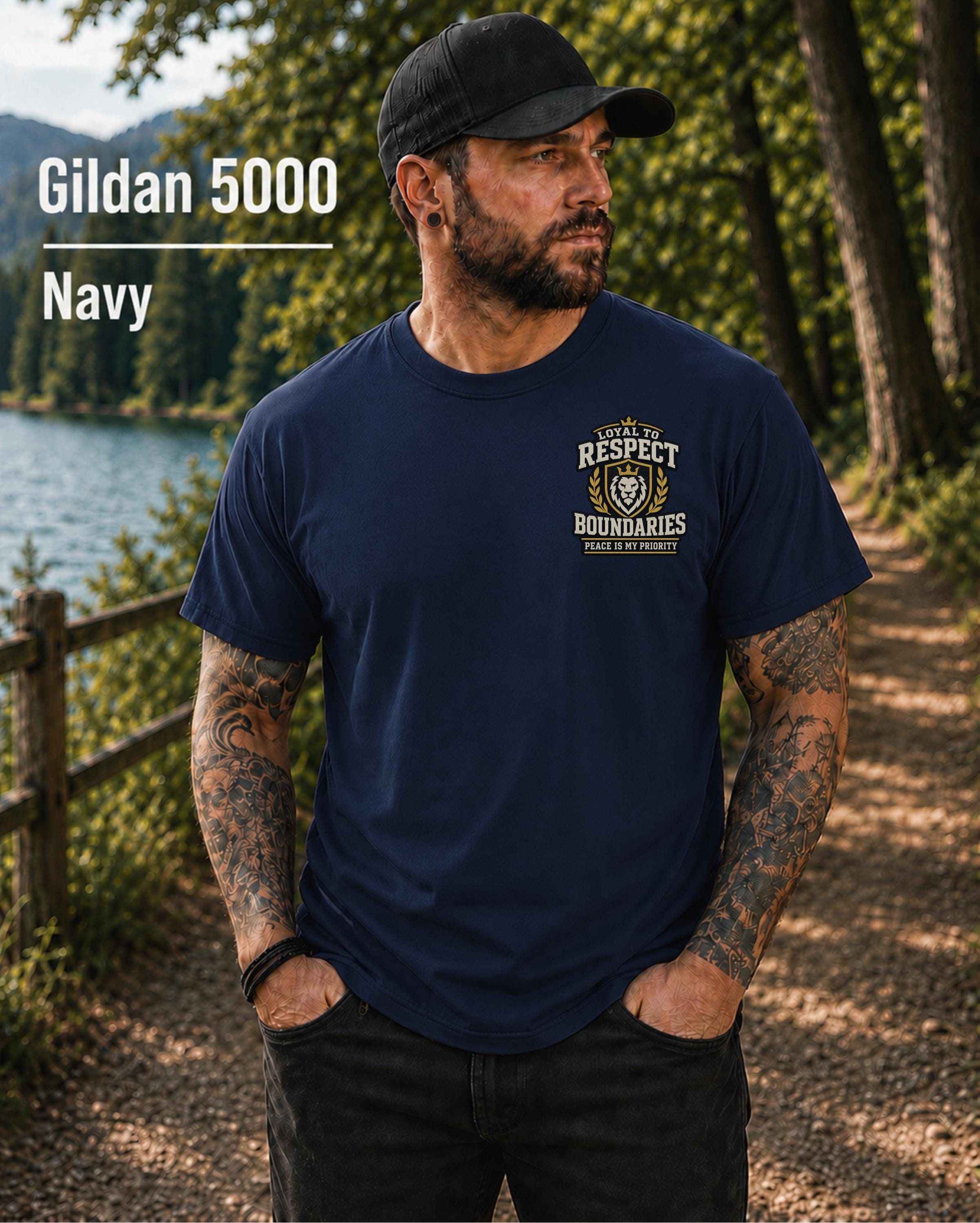 Navy Gildan 5000 unisex t-shirt featuring a small chest design reading "Respect Boundaries, Peace Is My Priority," minimalist front graphic for men with matching humorous back print.