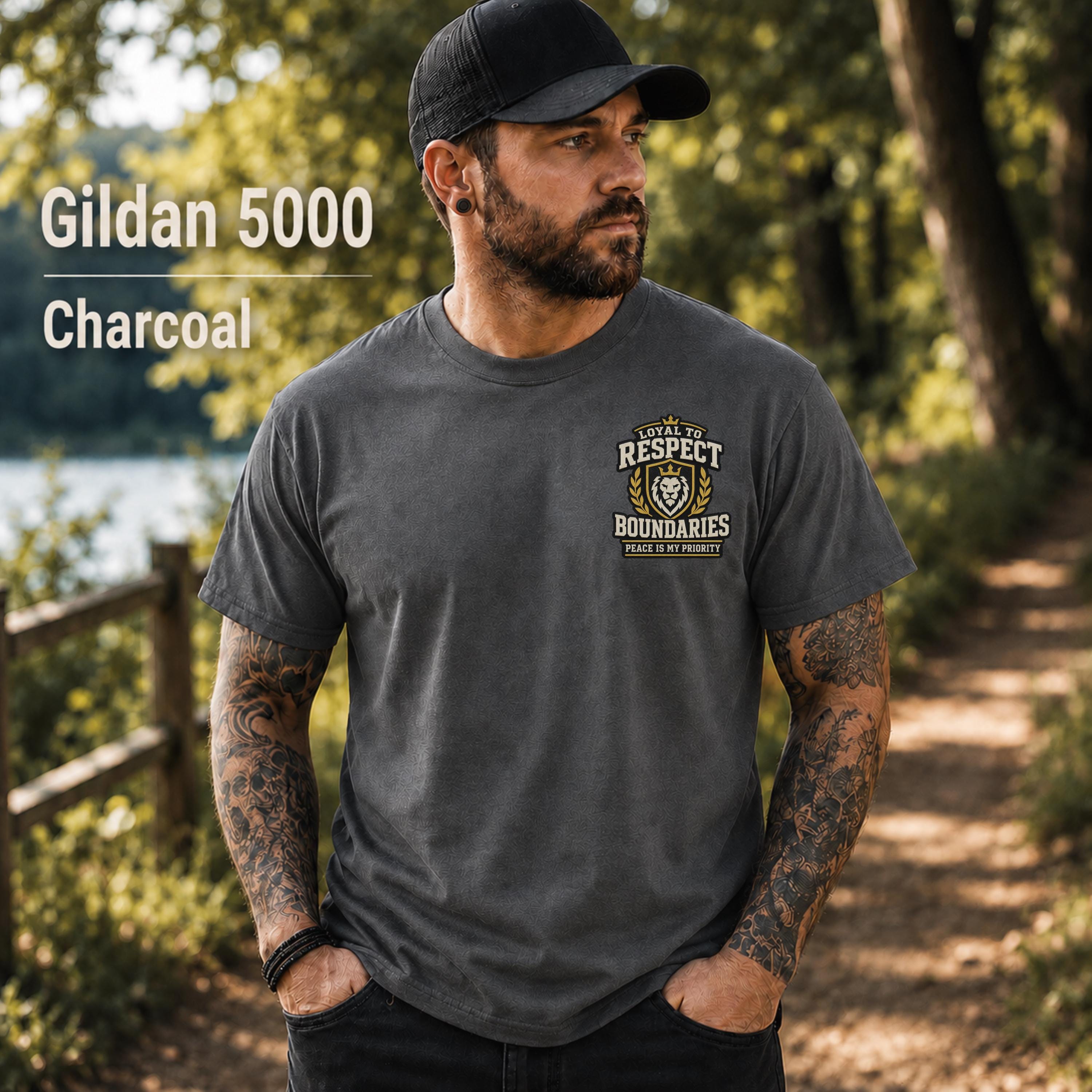 Charcoal Gildan 5000 unisex t-shirt featuring a small chest design reading "Respect Boundaries, Peace Is My Priority," minimalist front graphic for men with matching humorous back print.