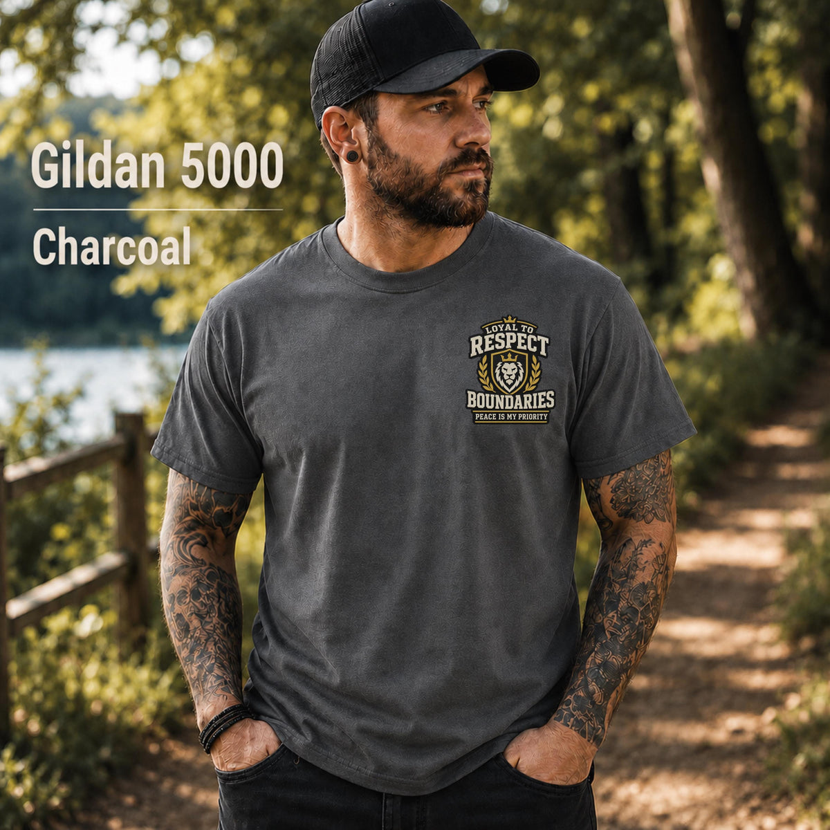 Charcoal Gildan 5000 unisex t-shirt featuring a small chest design reading "Respect Boundaries, Peace Is My Priority," minimalist front graphic for men with matching humorous back print.