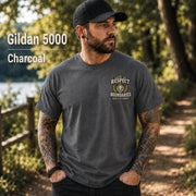 Charcoal Gildan 5000 unisex t-shirt featuring a small chest design reading "Respect Boundaries, Peace Is My Priority," minimalist front graphic for men with matching humorous back print.