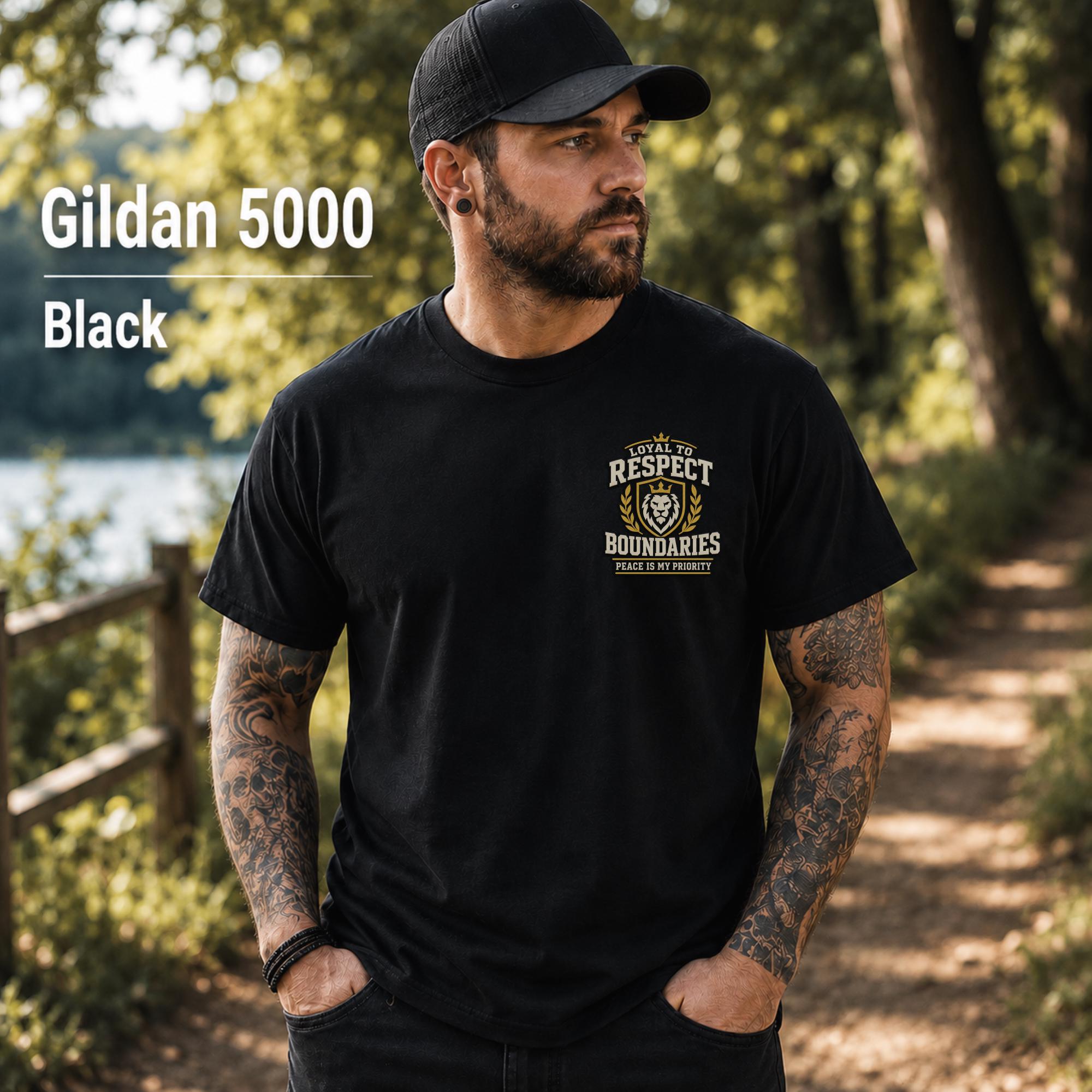 Black Gildan 5000 unisex t-shirt featuring a small chest design reading "Respect Boundaries, Peace Is My Priority," minimalist front graphic for men with matching humorous back print.