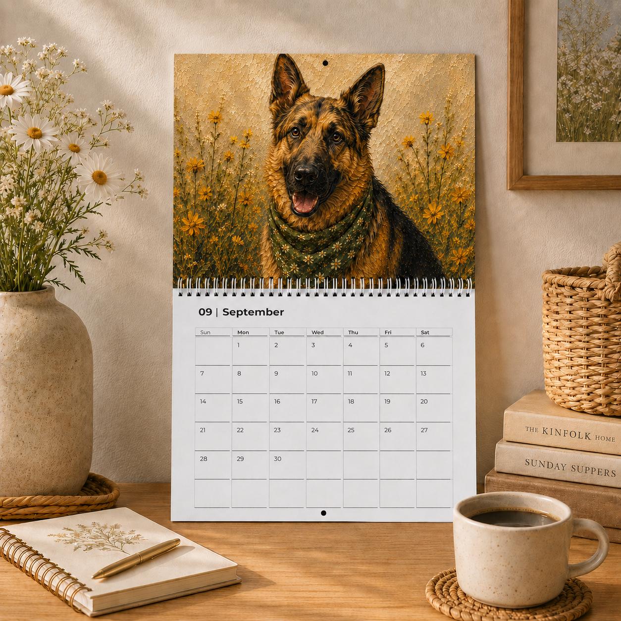 Dog Wall Calendar | Painted Floral Dogs | Spiral Calendar 11x8.5 or 14x11.5 | Dog Lover Gift