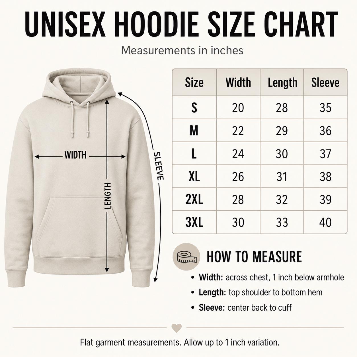Unisex pullover hoodie size chart showing width, length, and sleeve measurements from size small through 3XL.