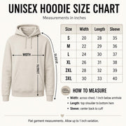 Unisex pullover hoodie size chart showing width, length, and sleeve measurements from size small through 3XL.