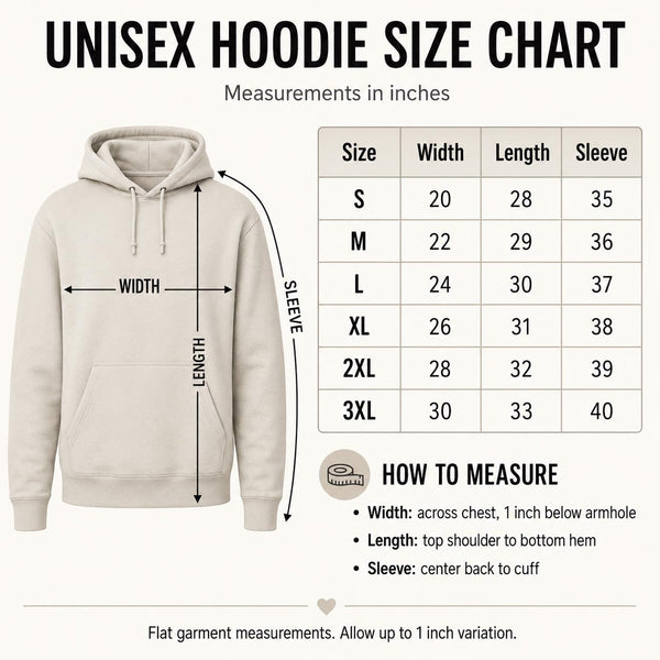 Unisex pullover hoodie size chart showing width, length, and sleeve measurements from size small through 3XL.