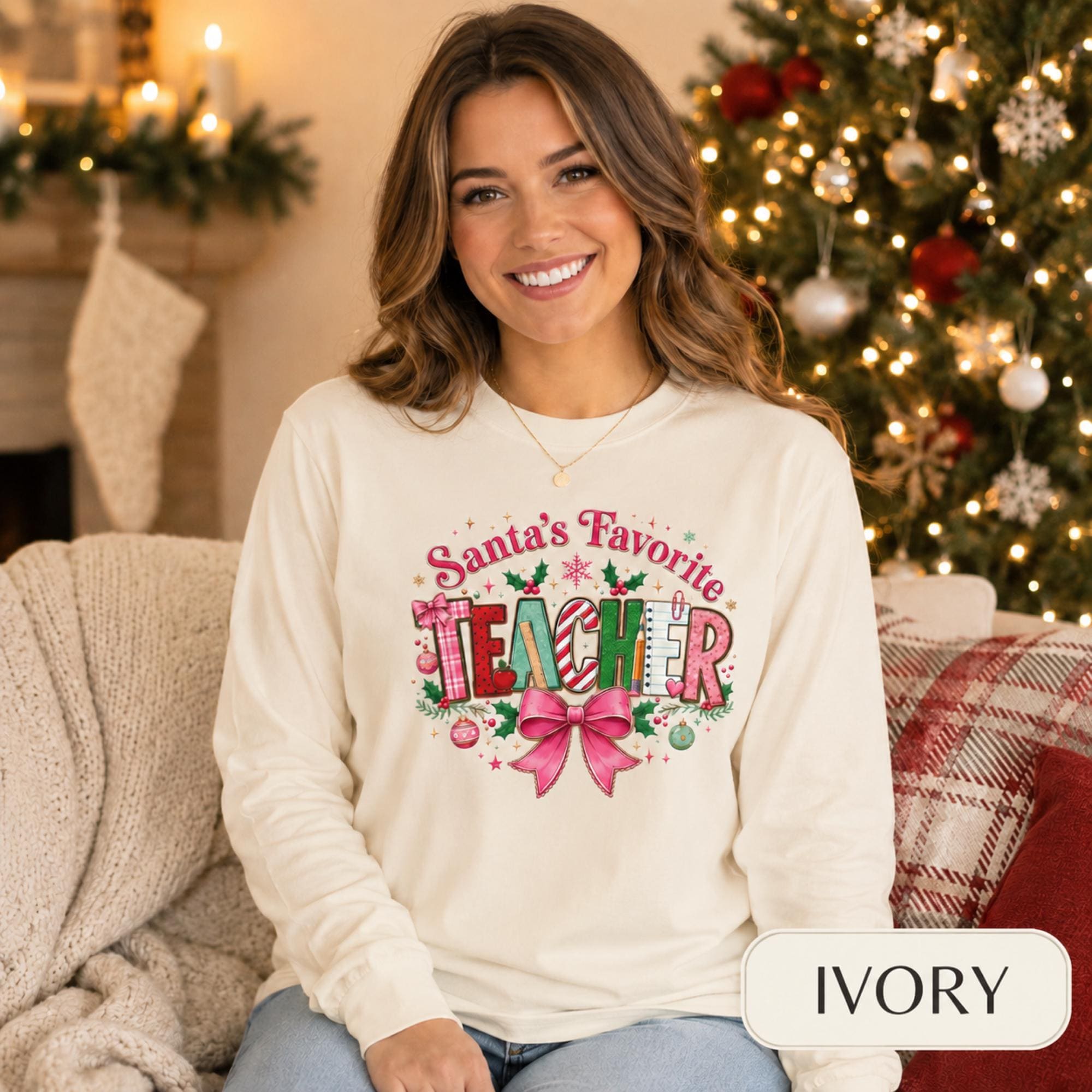 Santa's Favorite Teacher Long Sleeve T-Shirt, Christmas Gift, Unisex Holiday Apparel, Teacher Appreciation, Festive Fashion,Comfort Colors