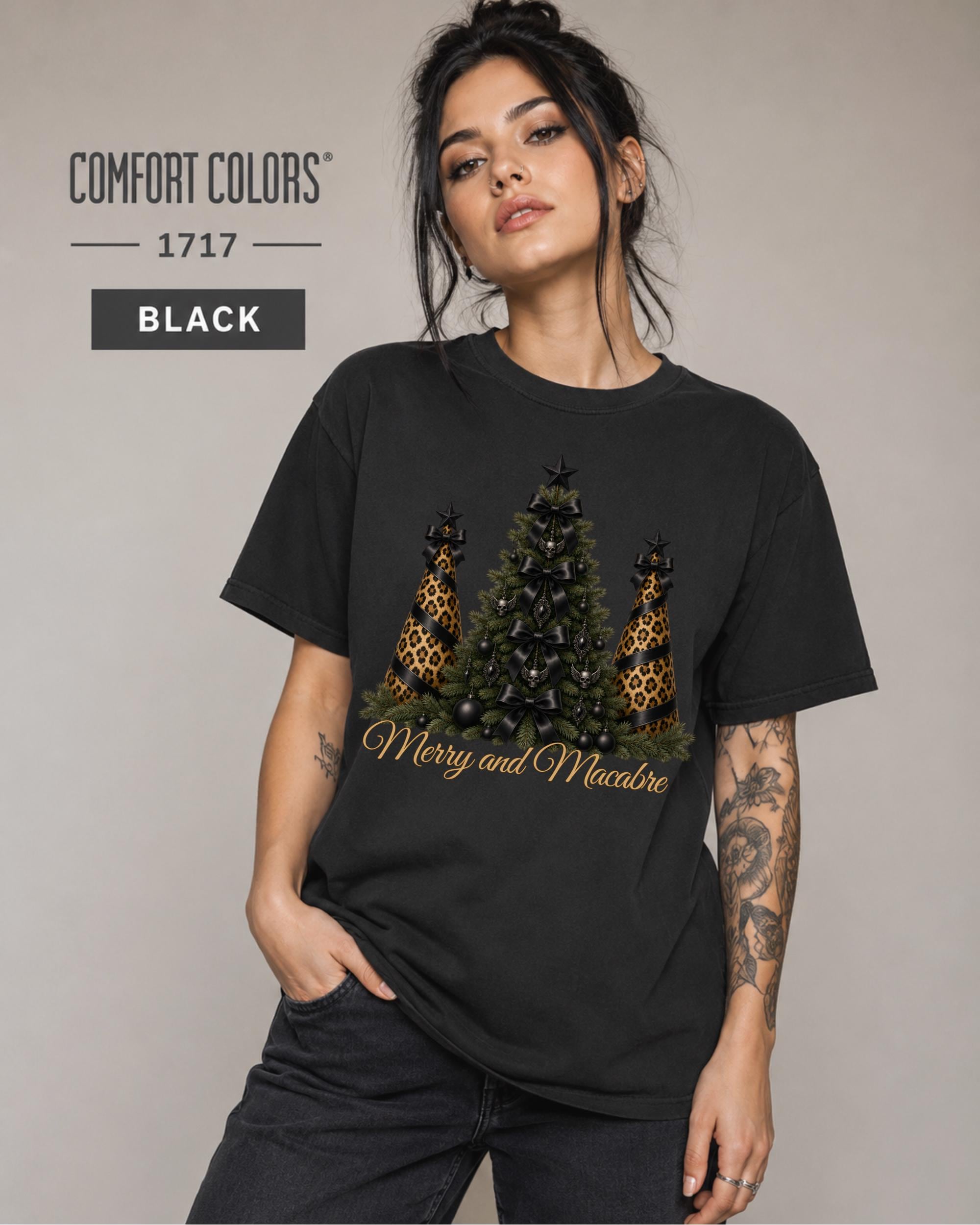 Unique Christmas gift for gothic women featuring a dark holiday tree design with skull ornaments, black bows, and leopard print details.