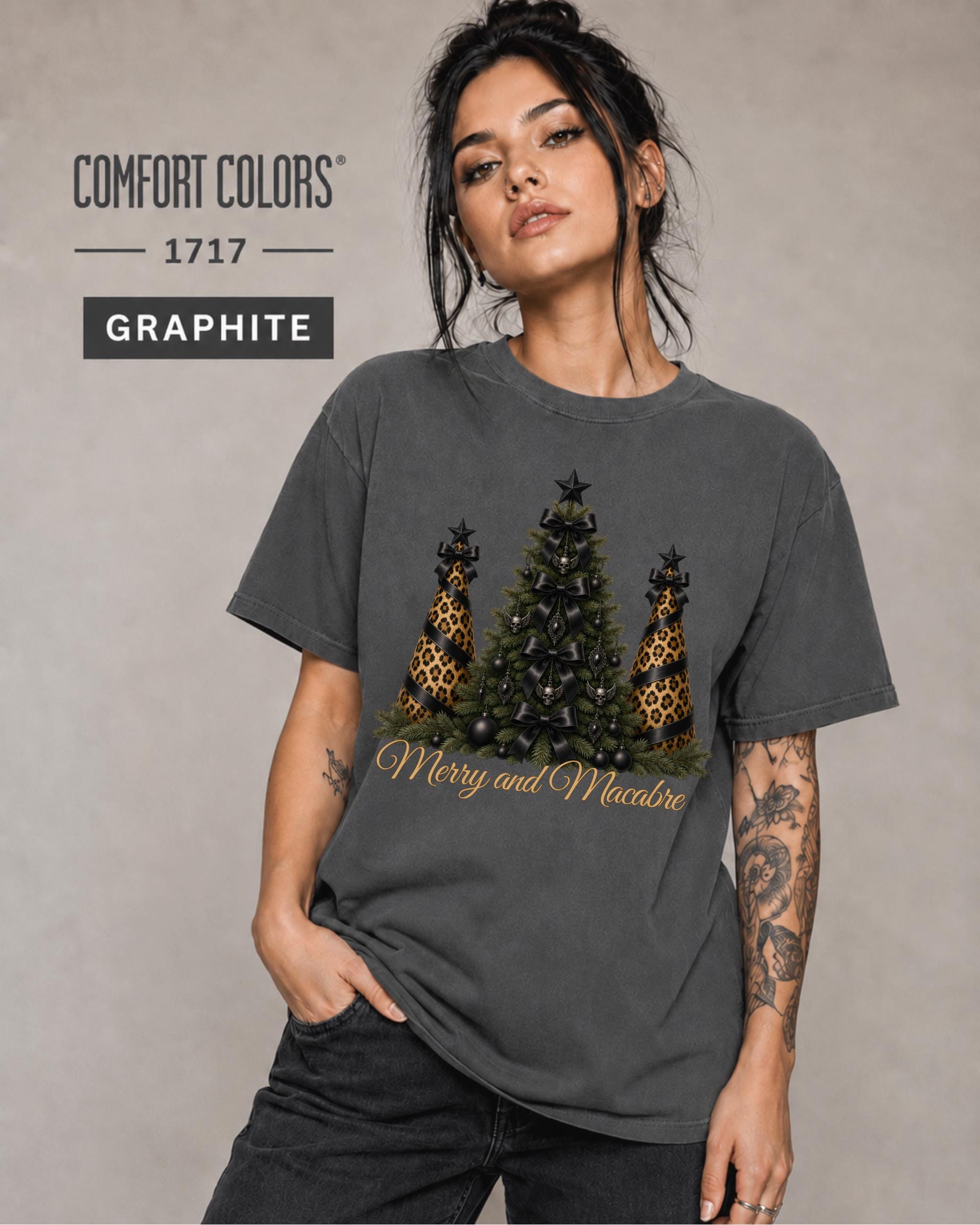 Comfort Colors 1717 garment-dyed Graphite Christmas shirt with vintage gothic holiday artwork and elegant black Christmas décor.